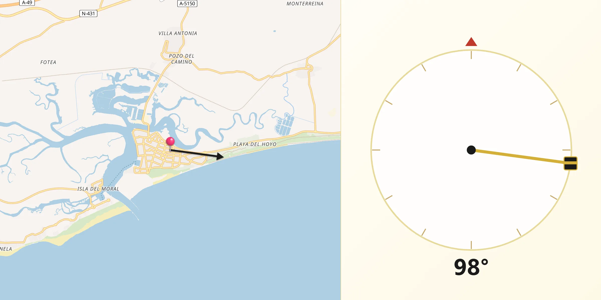 Dirección de la Qibla desde Isla Cristina