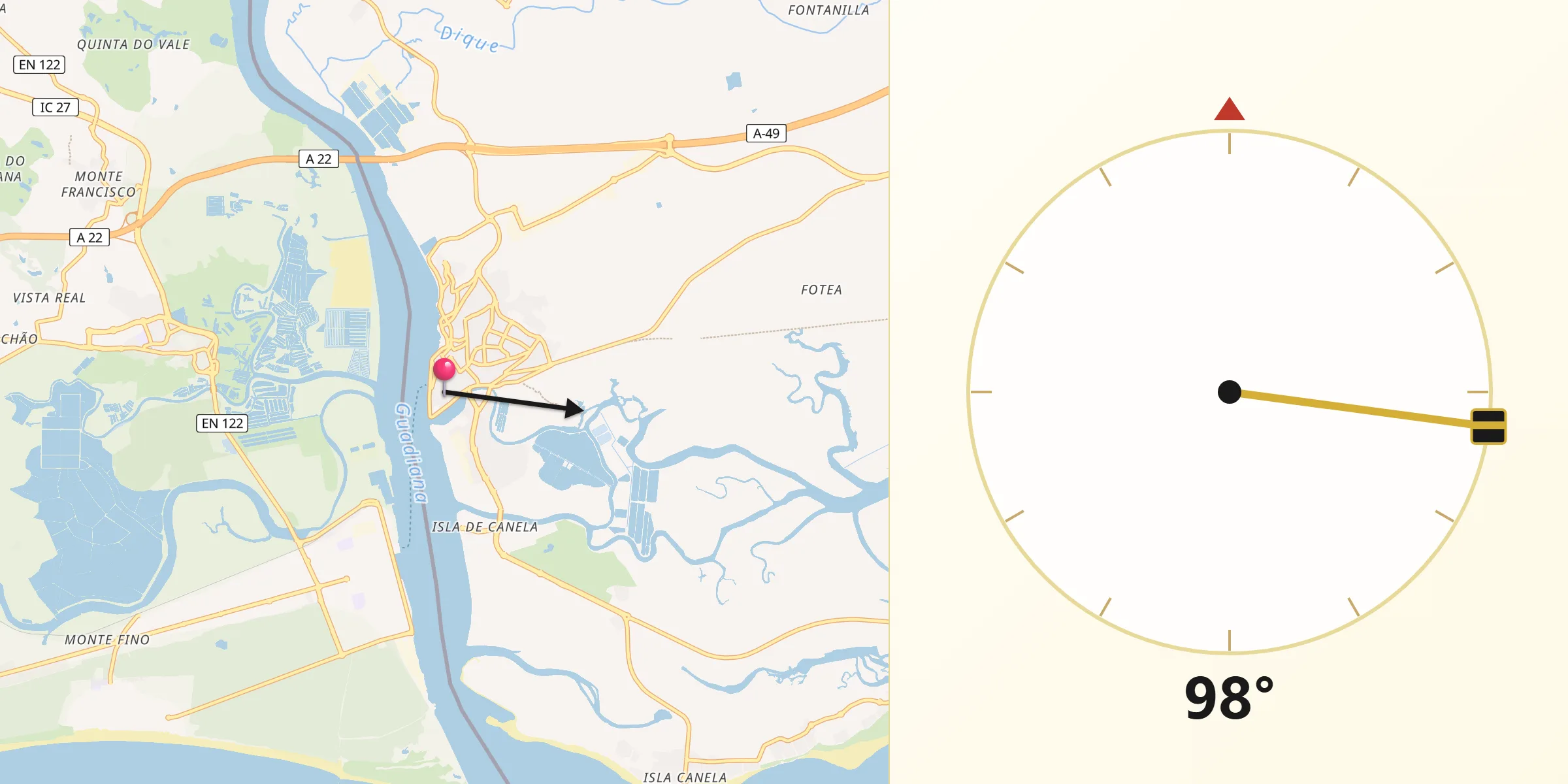 Dirección de la Qibla desde Ayamonte