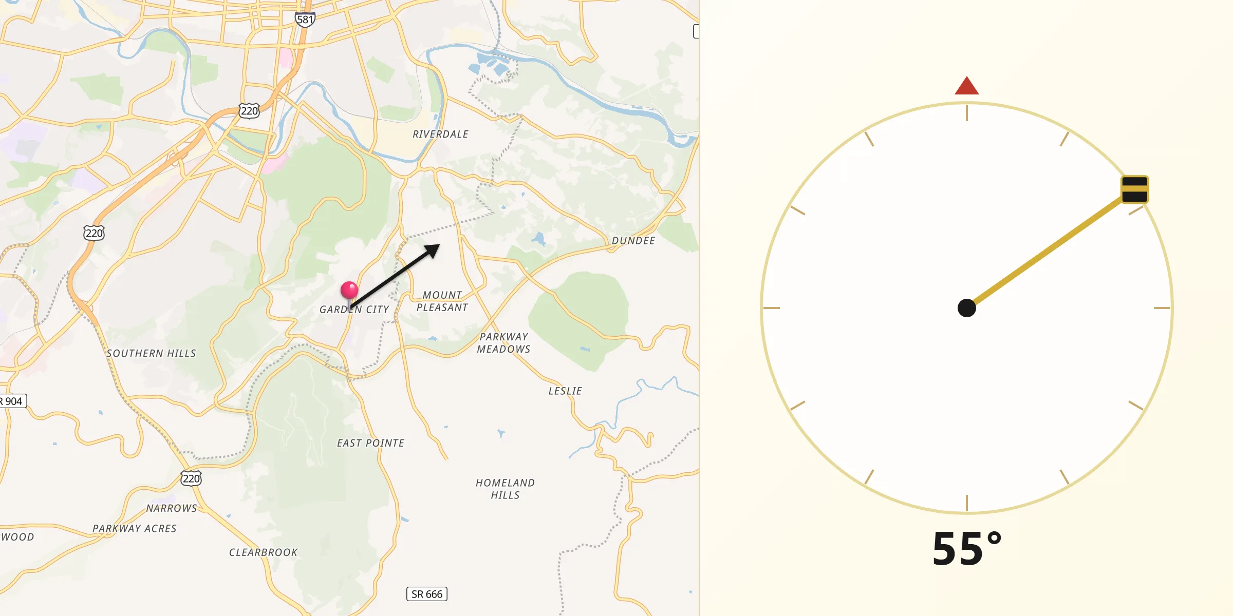 Qibla Direction from City of Roanoke