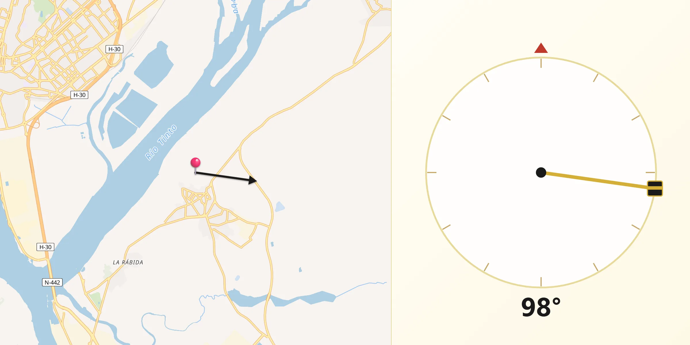 Dirección de la Qibla desde Palos de la Frontera