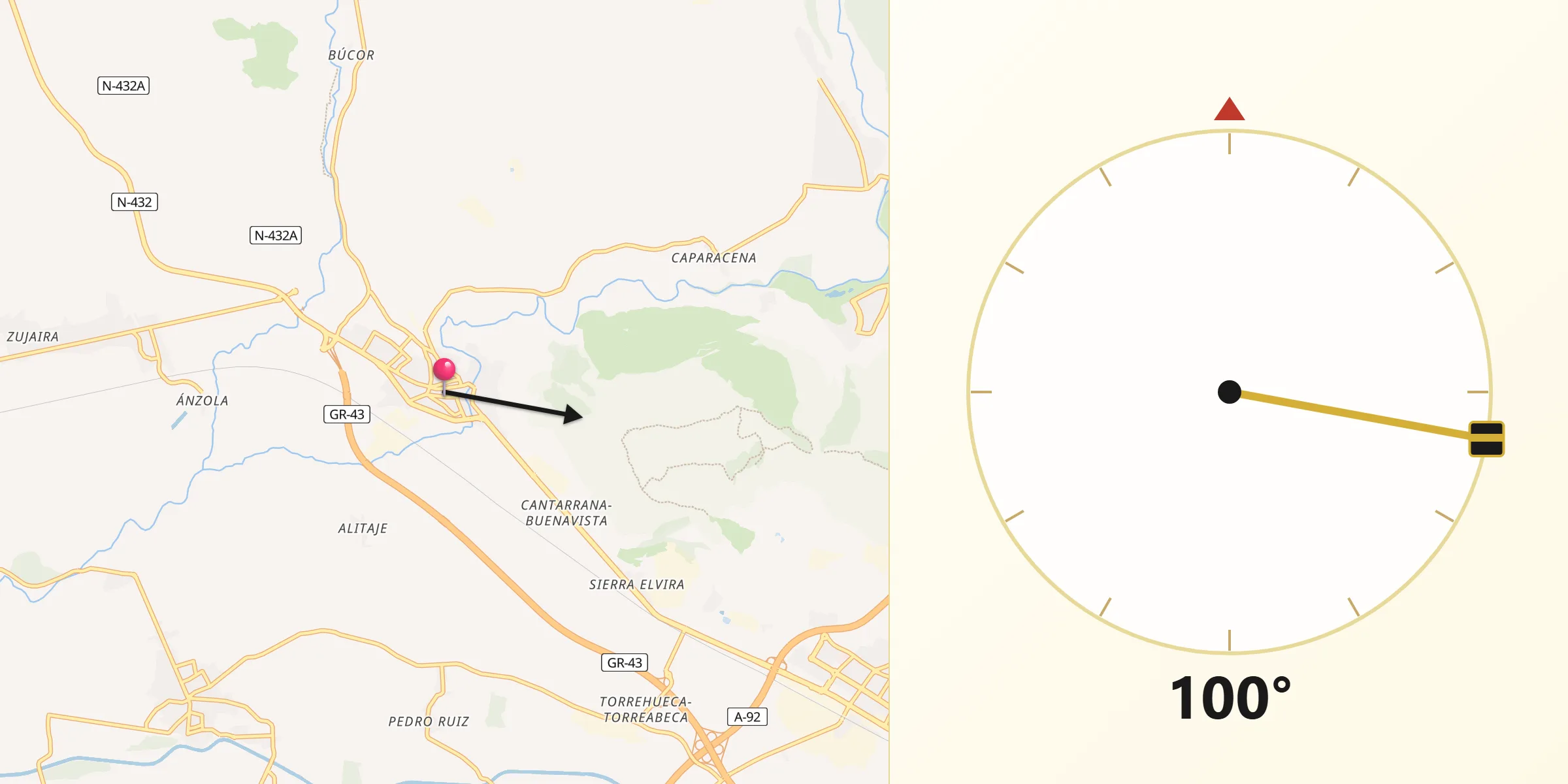 Dirección de la Qibla desde Pinos Puente