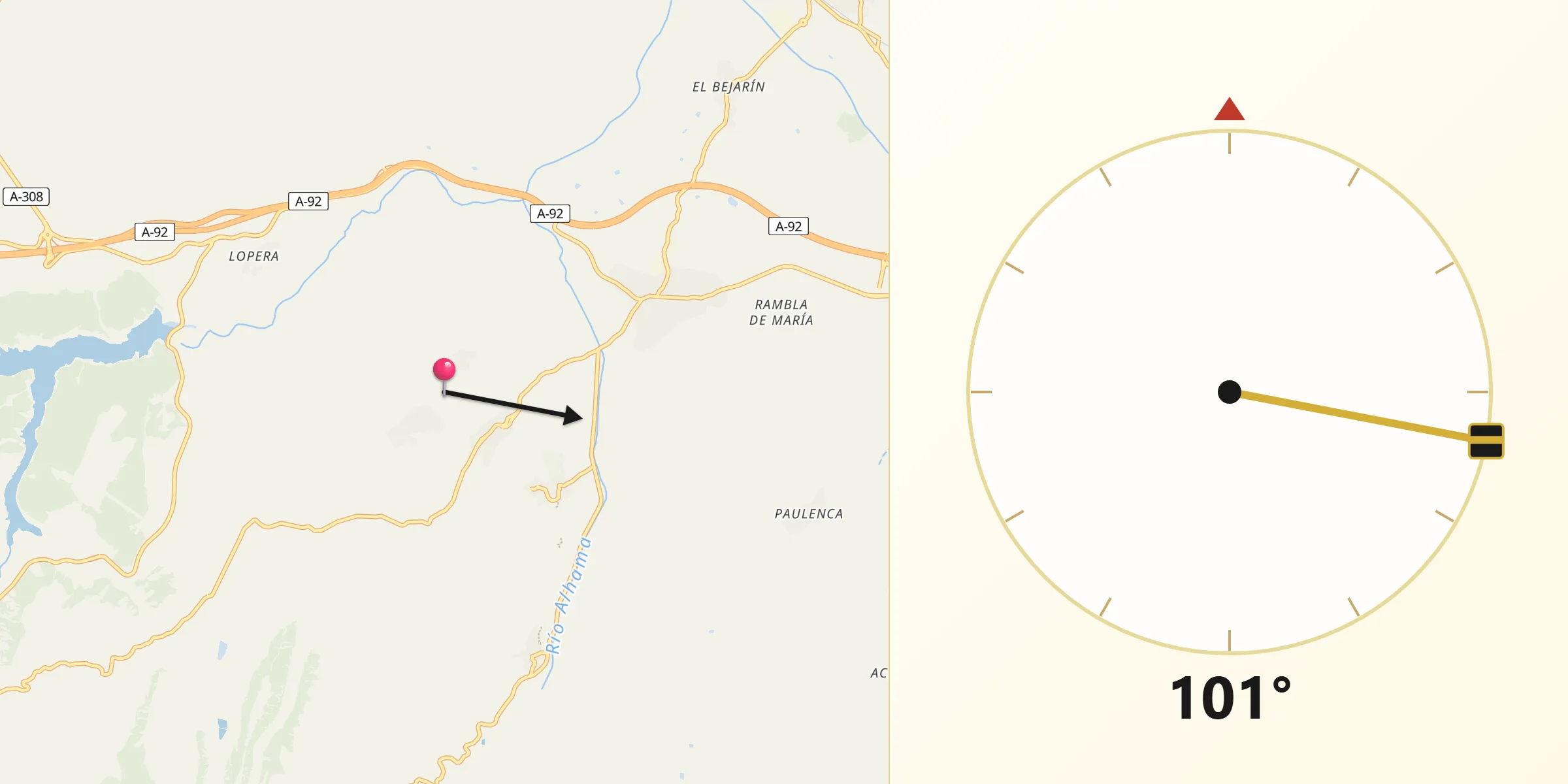 Dirección de la Qibla desde Cortes y Graena