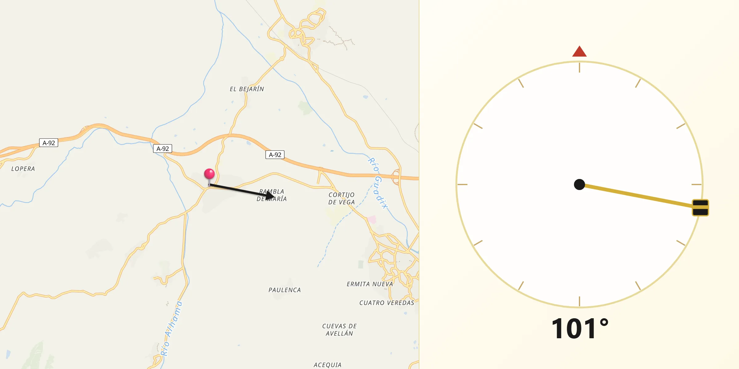 Dirección de la Qibla desde Purullena