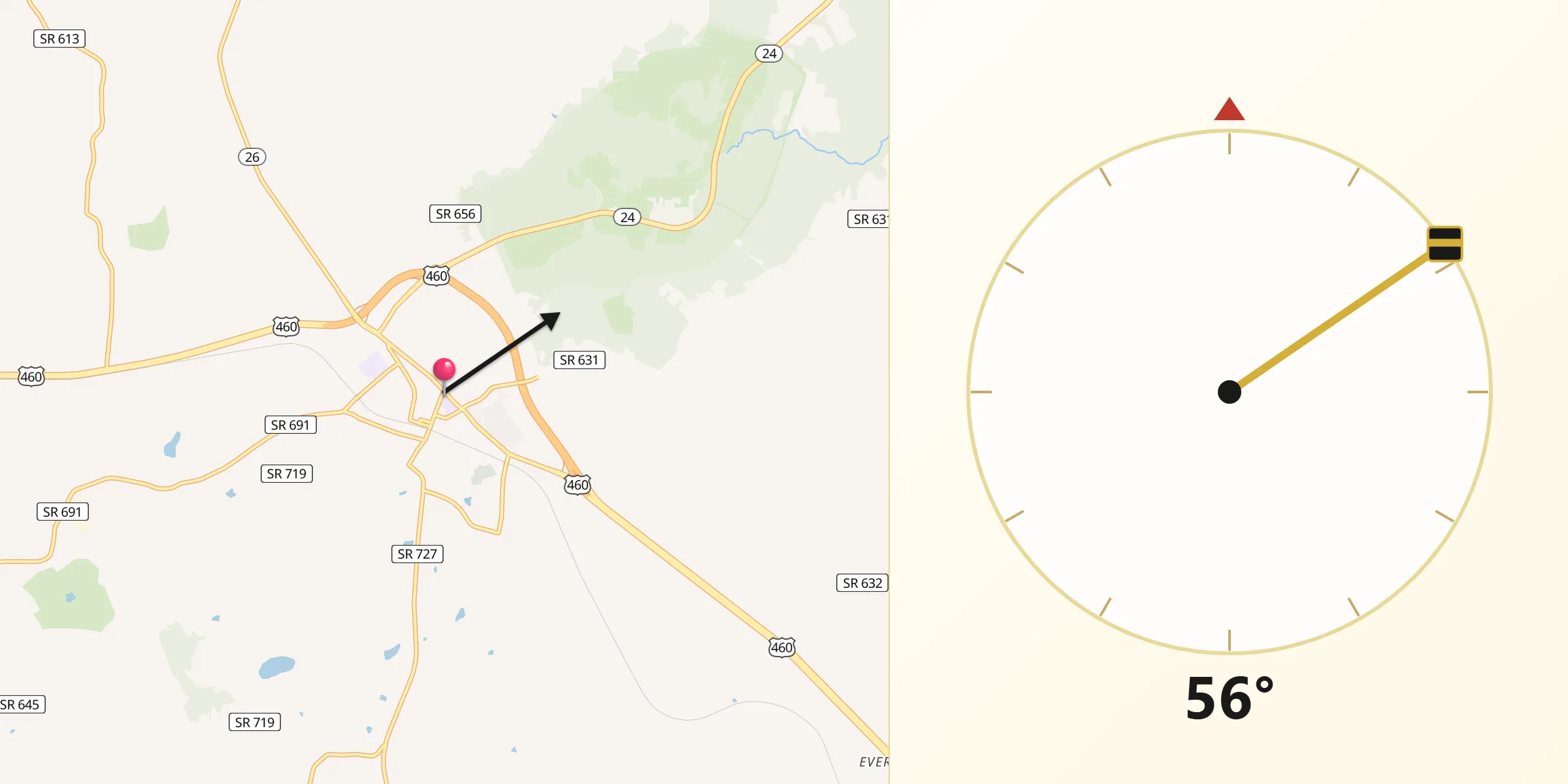 Qibla Direction from Appomattox
