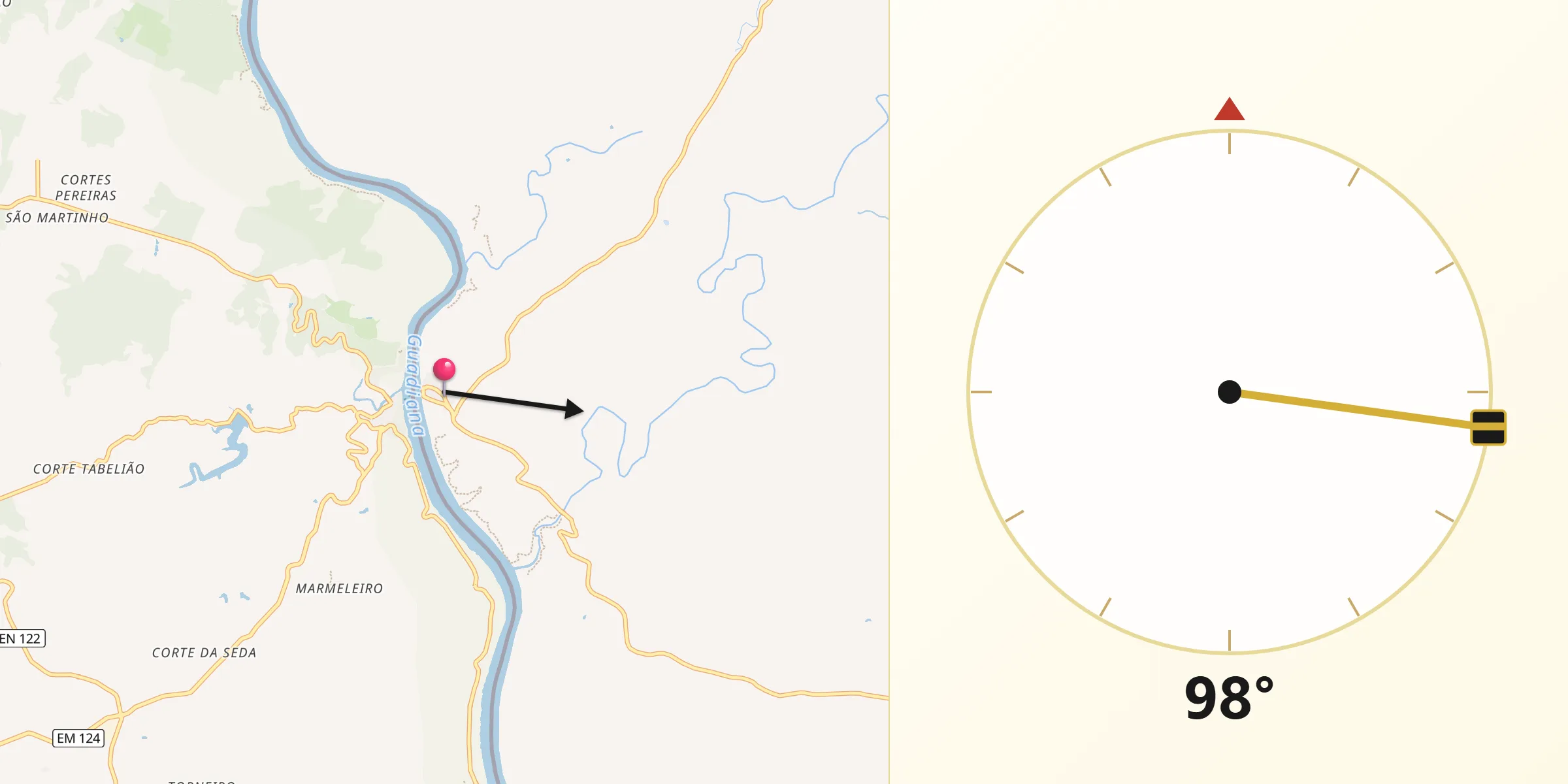 Dirección de la Qibla desde Sanlúcar de Guadiana