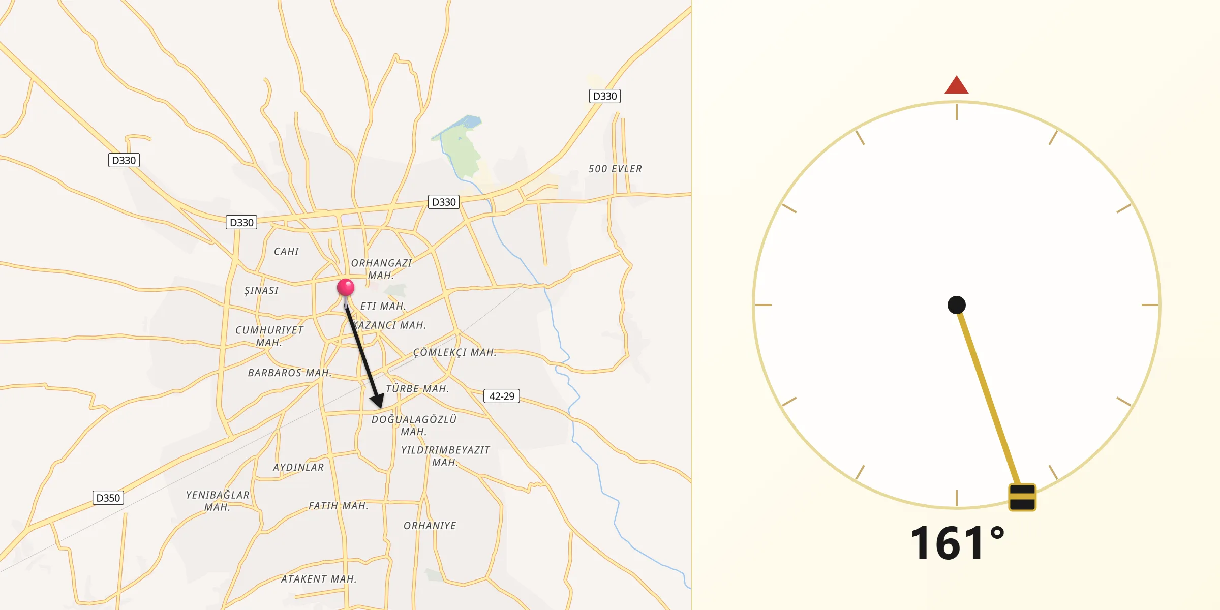 Direction vers la Qibla depuis Ereğli