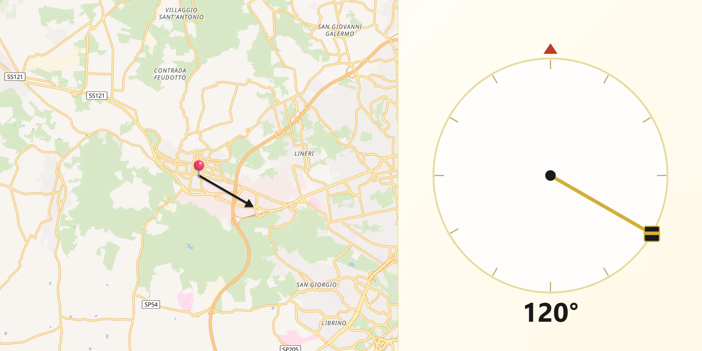 Direzione della Qibla da Misterbianco