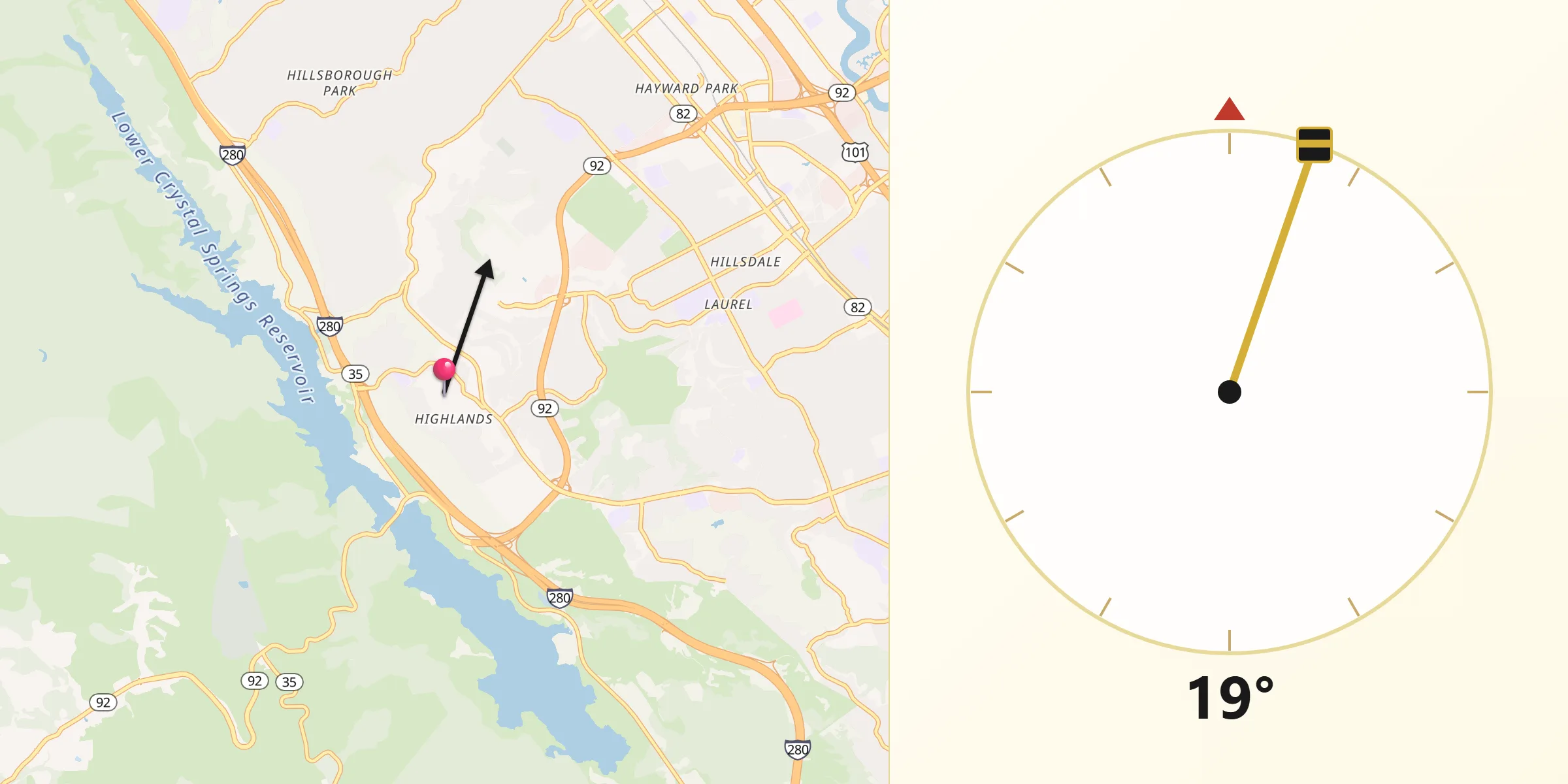 Qibla Direction from Highlands-Baywood Park