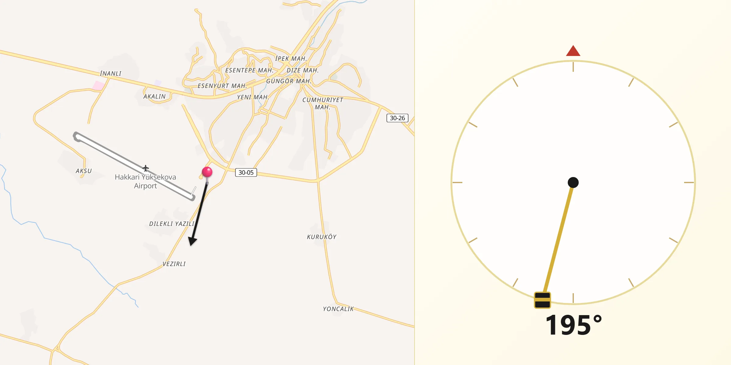 Direction vers la Qibla depuis Yüksekova