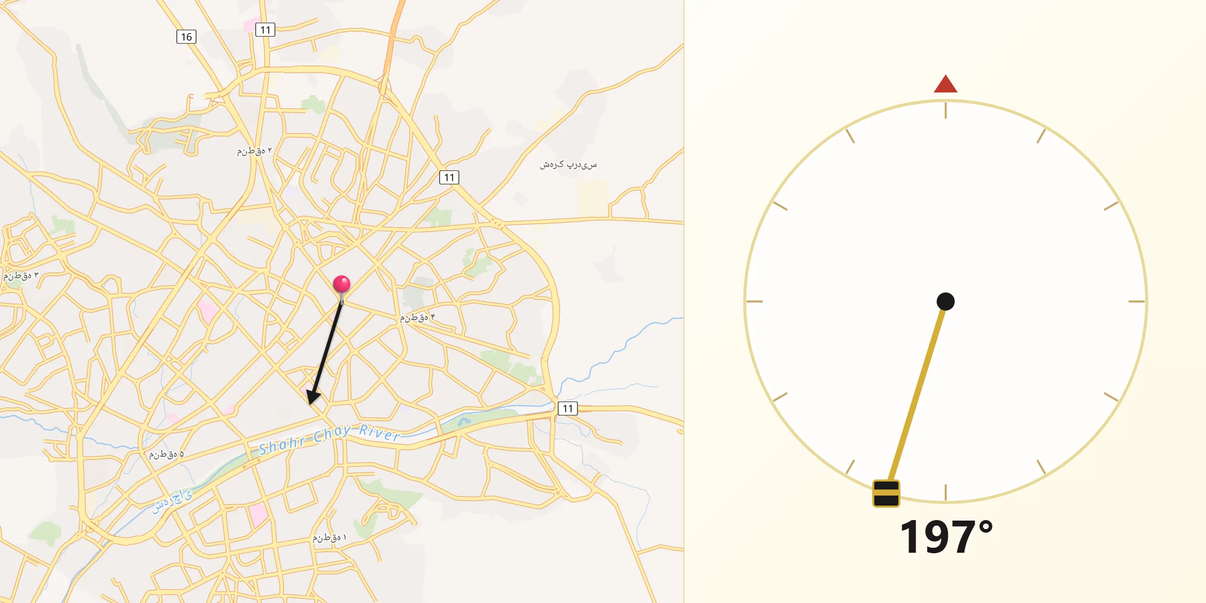 Direction vers la Qibla depuis Ourmia