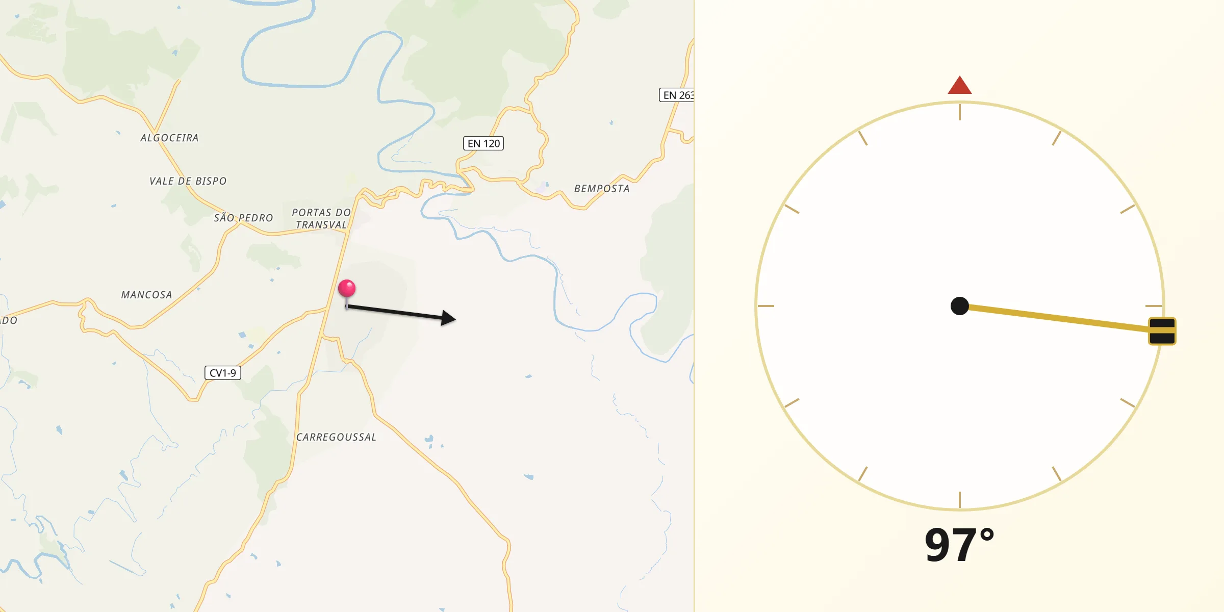 Direção da Qibla a partir de Boavista dos Pinheiros