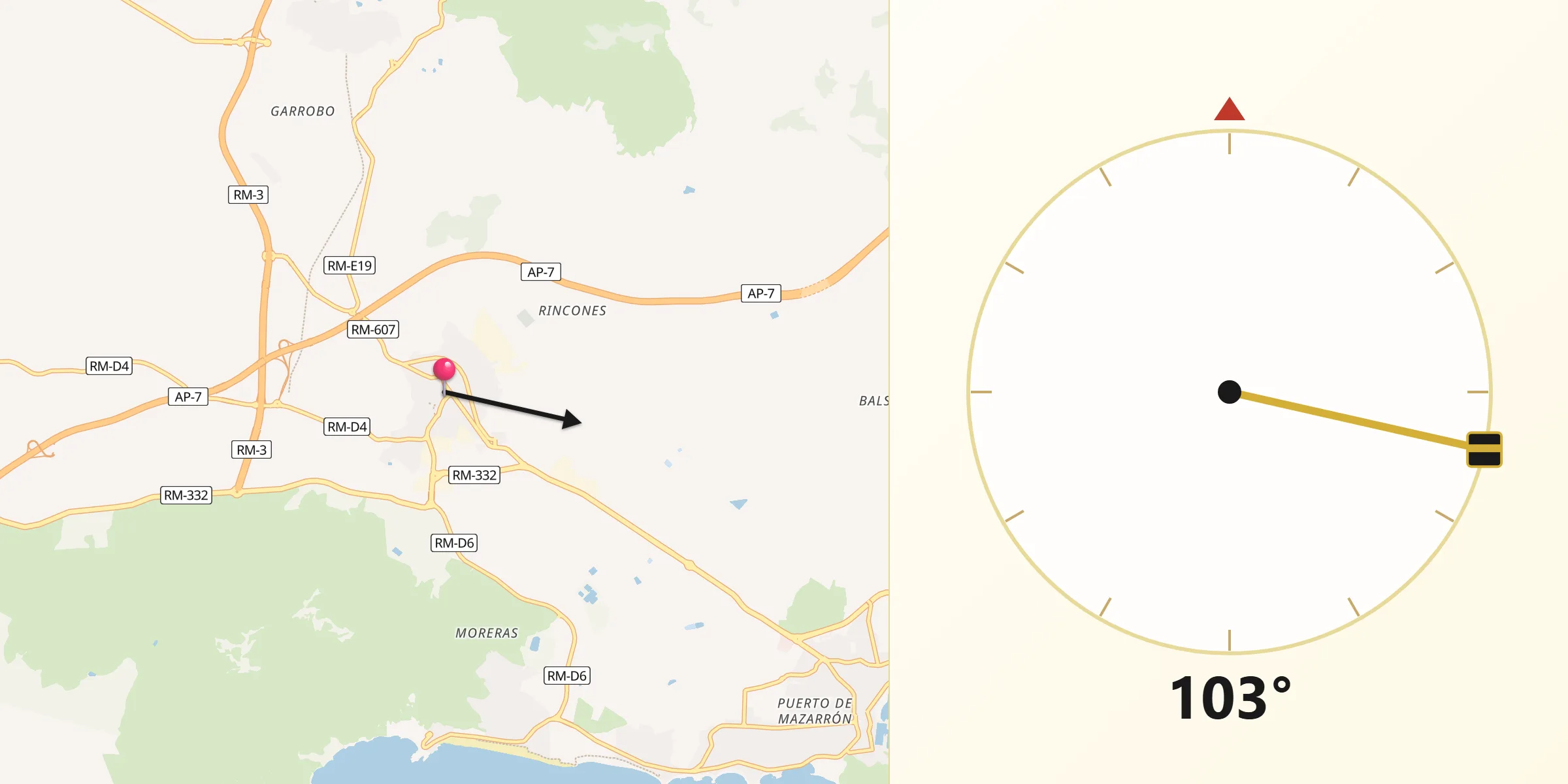 Dirección de la Qibla desde Mazarrón