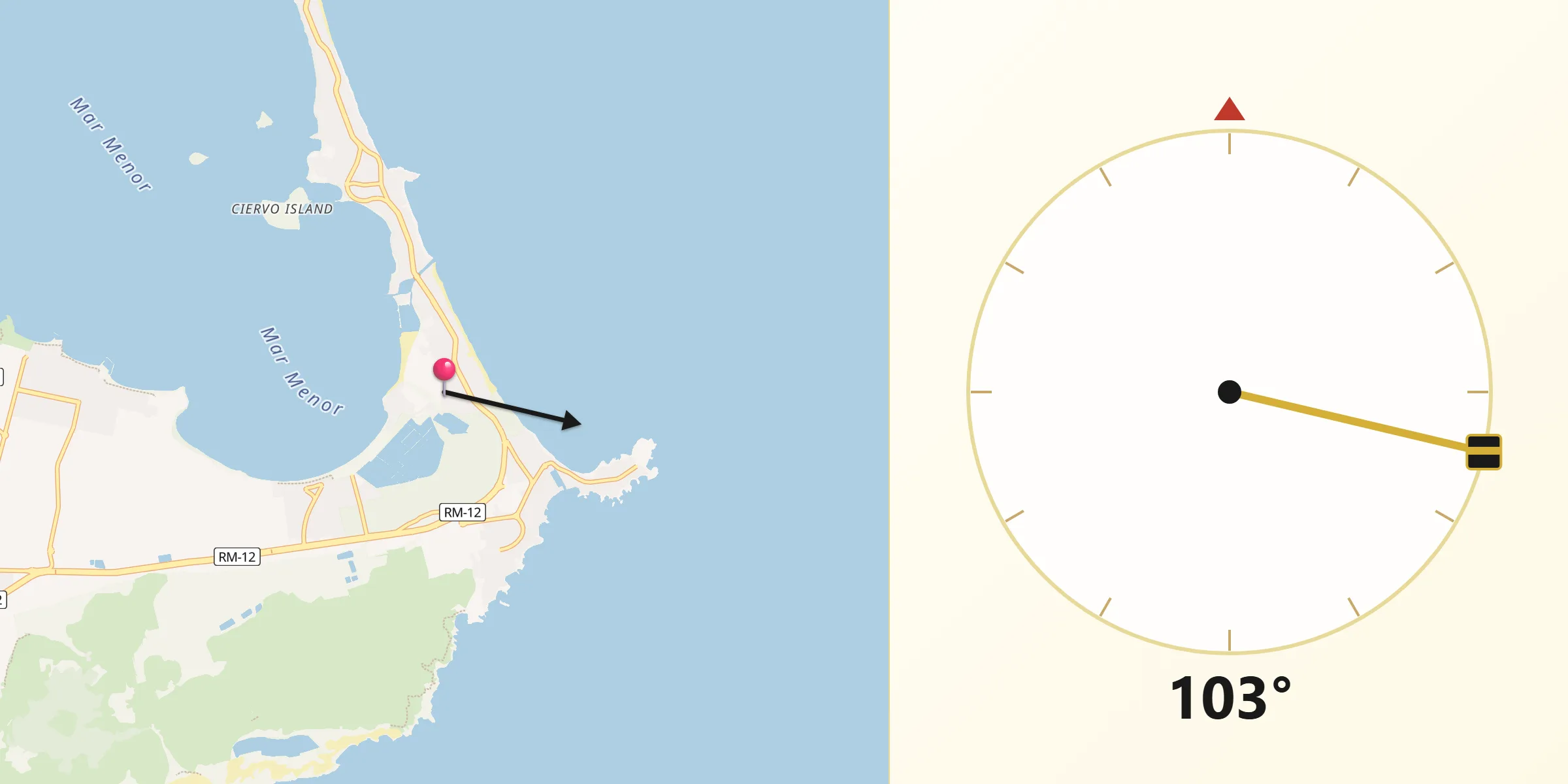 Dirección de la Qibla desde La Manga del Mar Menor