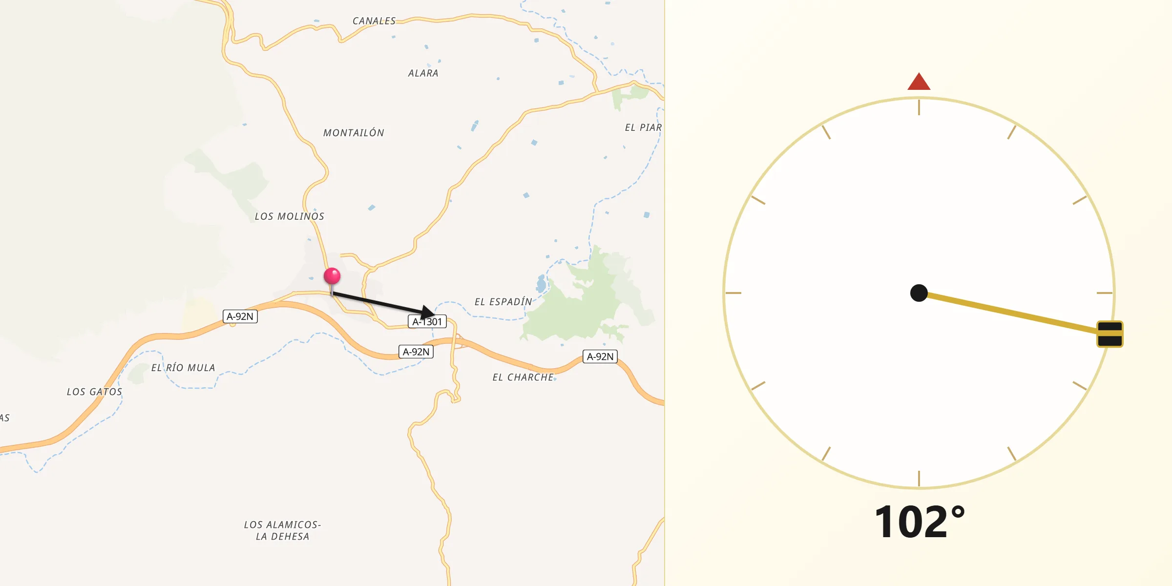 Dirección de la Qibla desde Vélez-Rubio