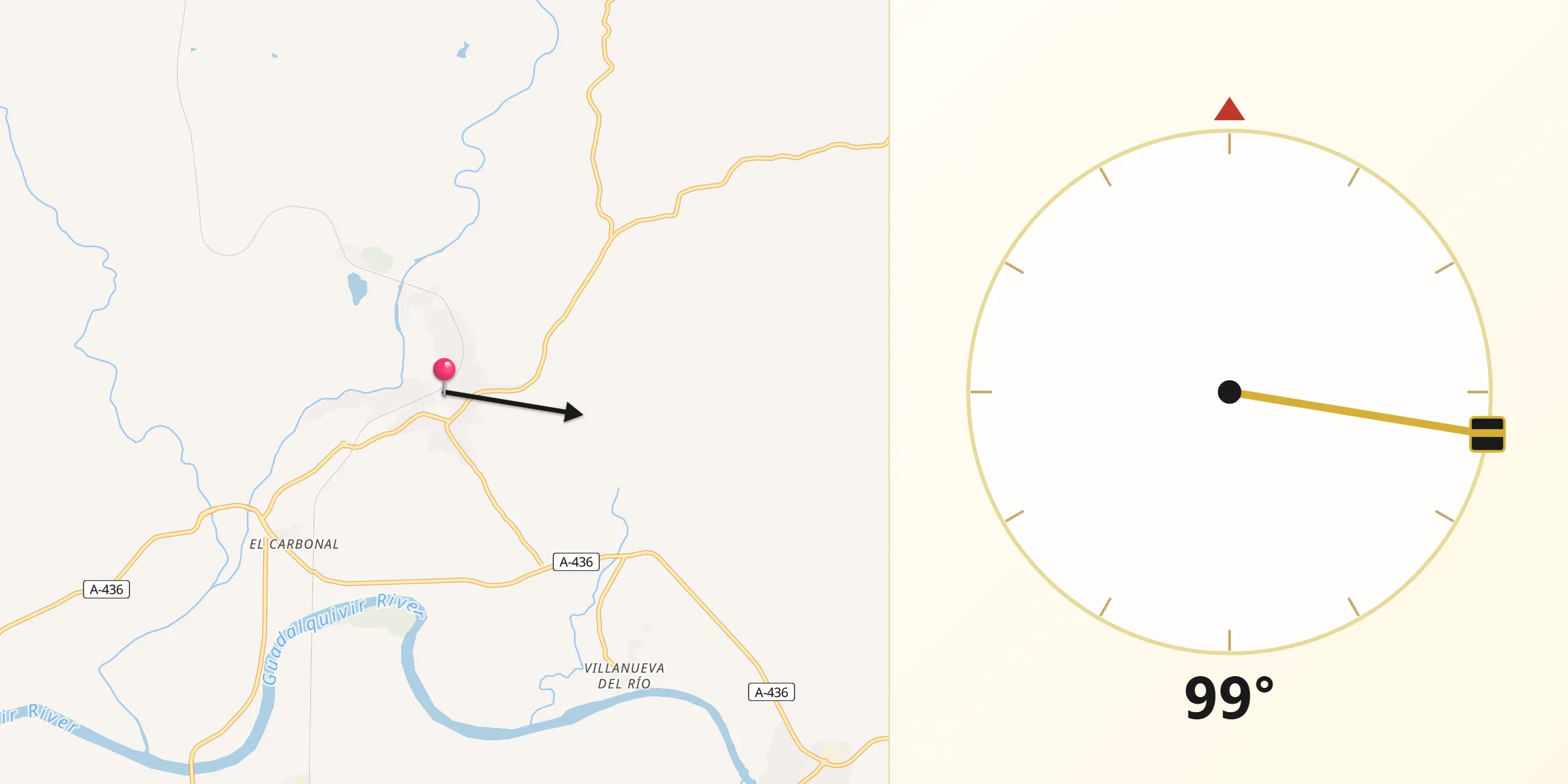 Dirección de la Qibla desde Villanueva del Río y Minas
