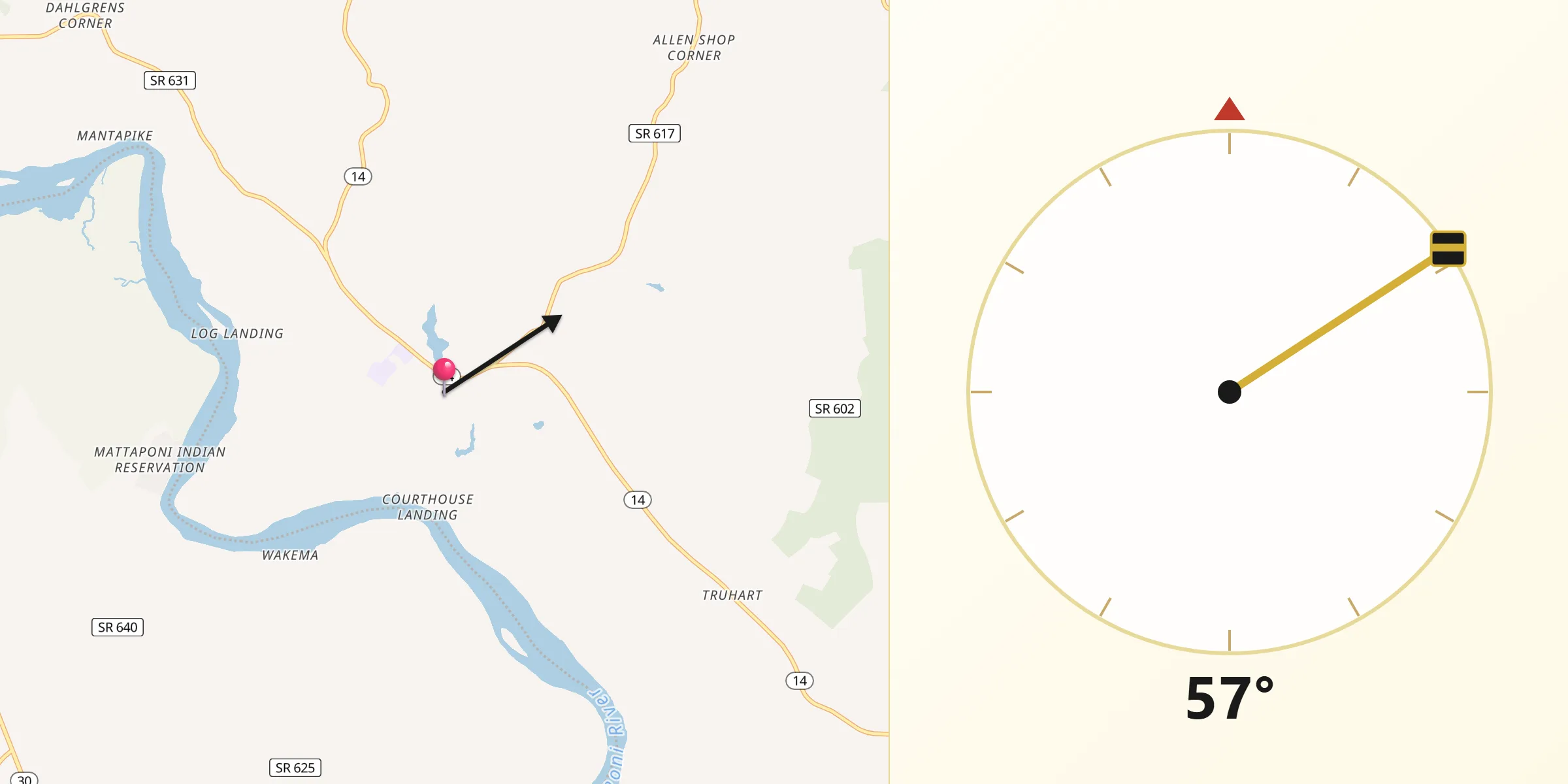 Qibla Direction from King and Queen Court House