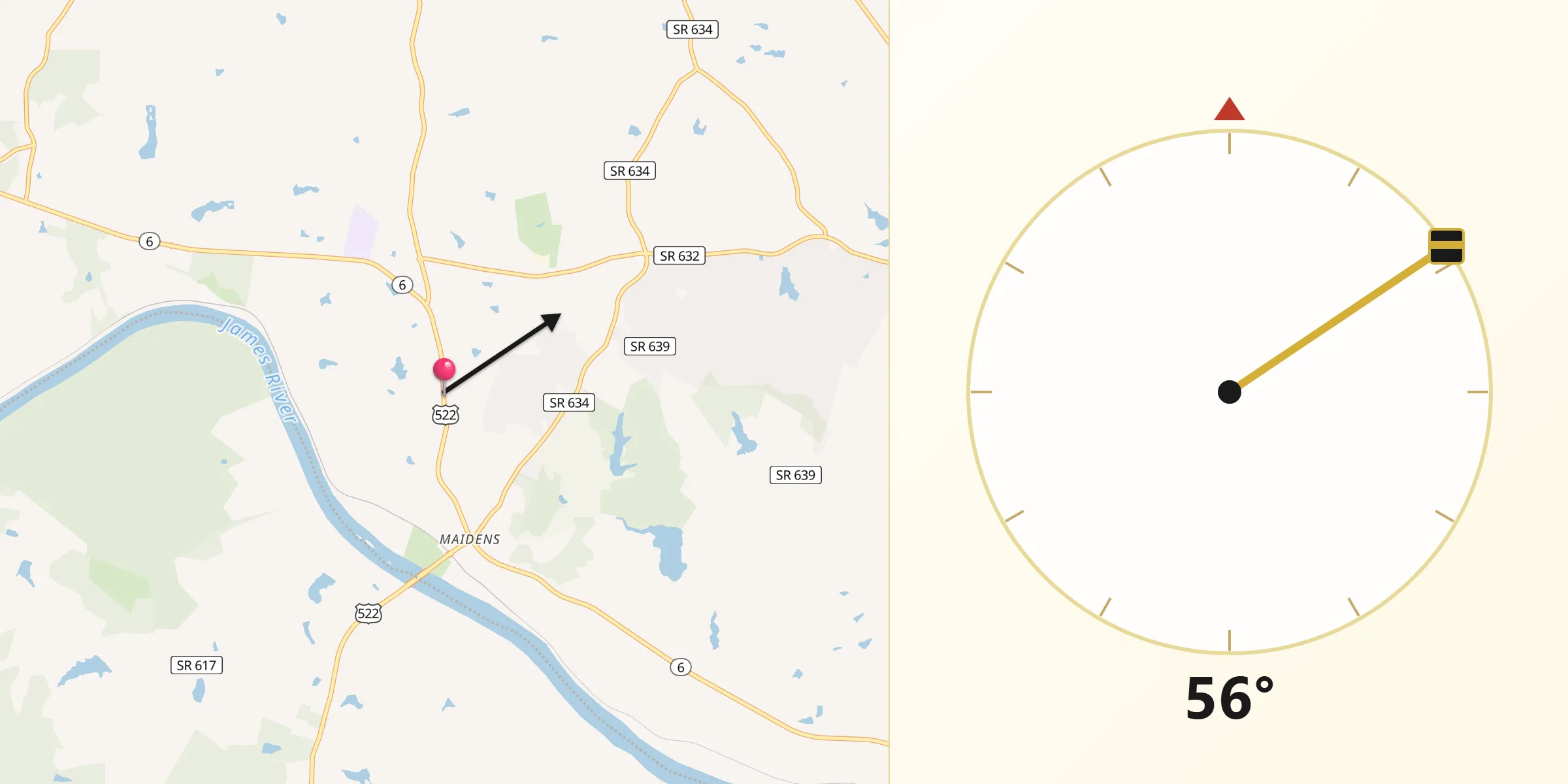 Qibla Direction from Goochland