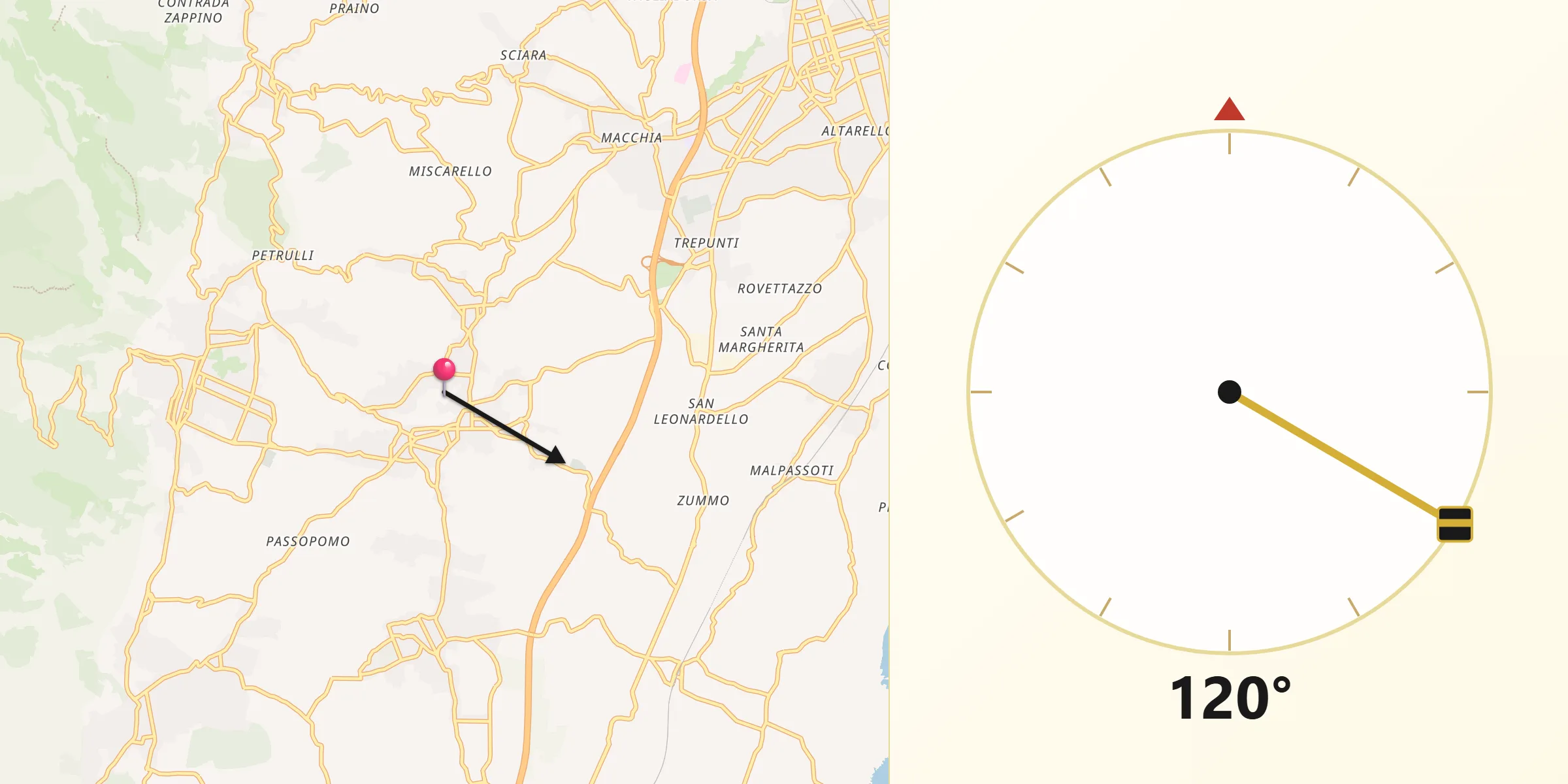 Direzione della Qibla da Santa Venerina
