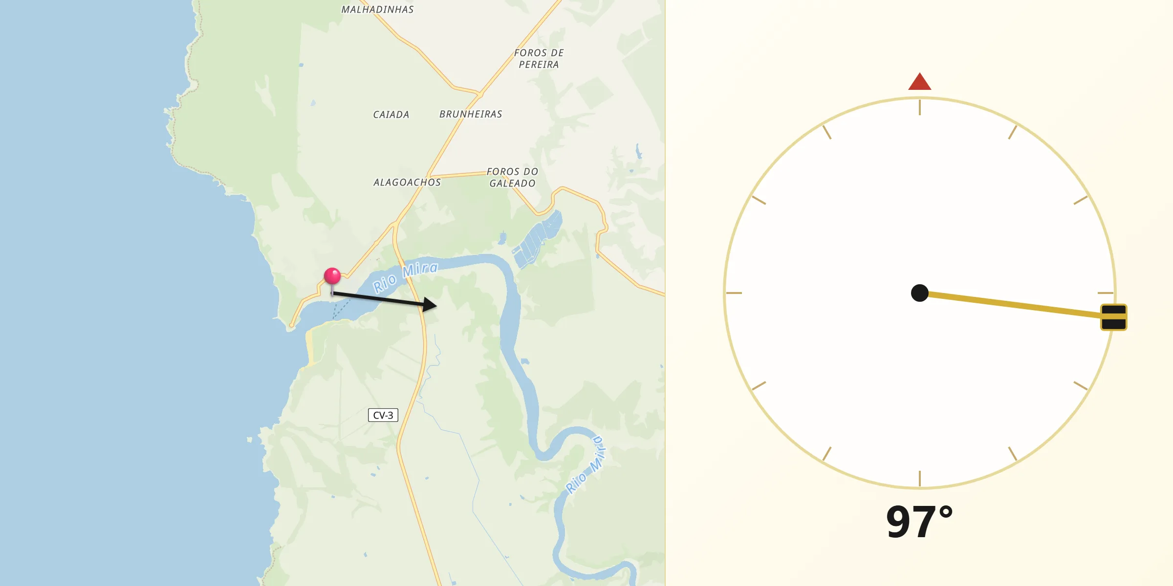 Direção da Qibla a partir de Vila Nova de Milfontes
