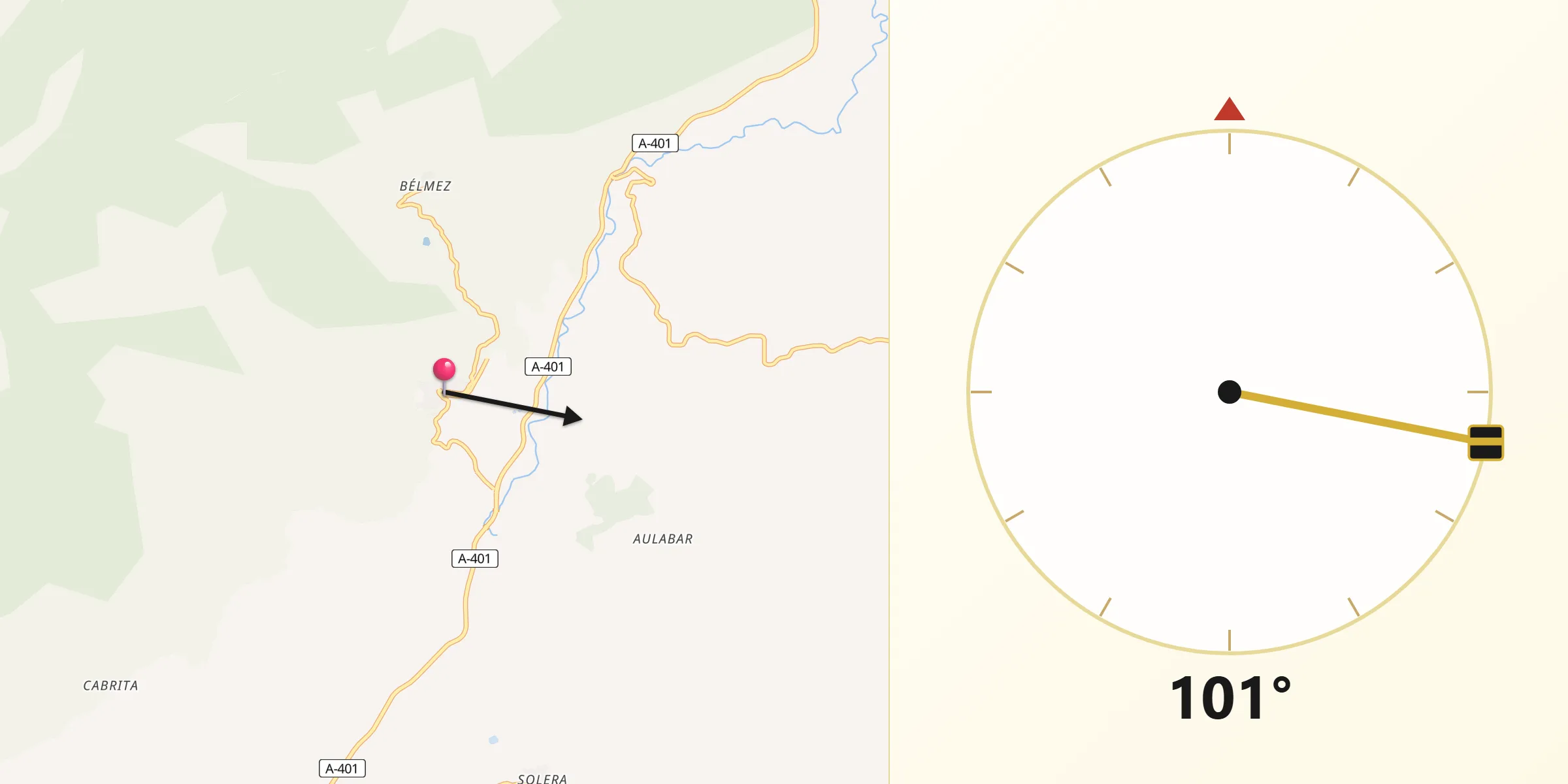 Dirección de la Qibla desde Bélmez de la Moraleda