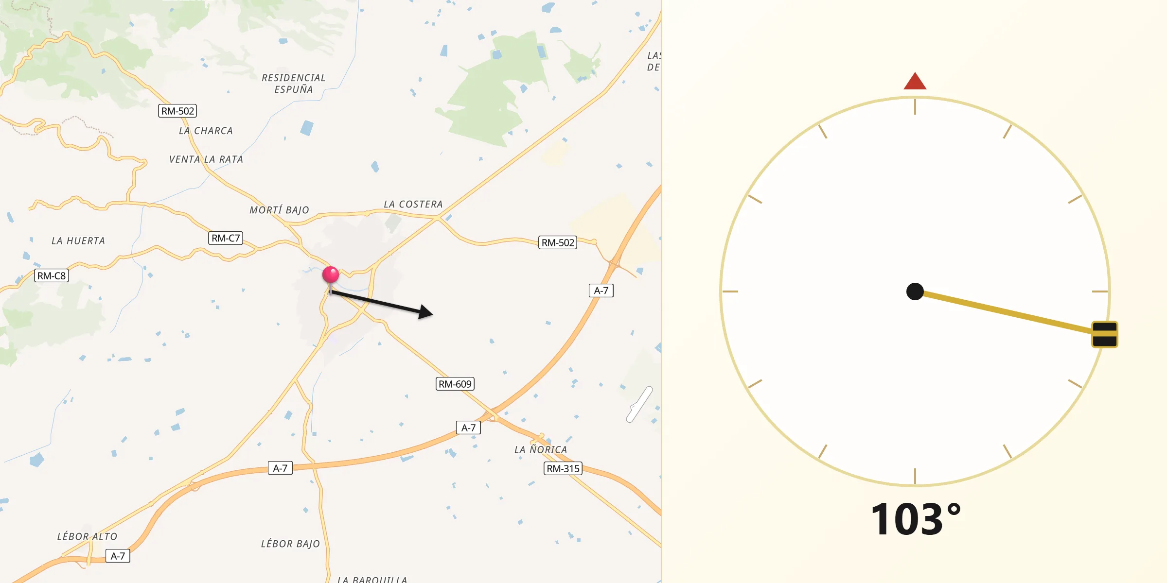 Dirección de la Qibla desde Totana