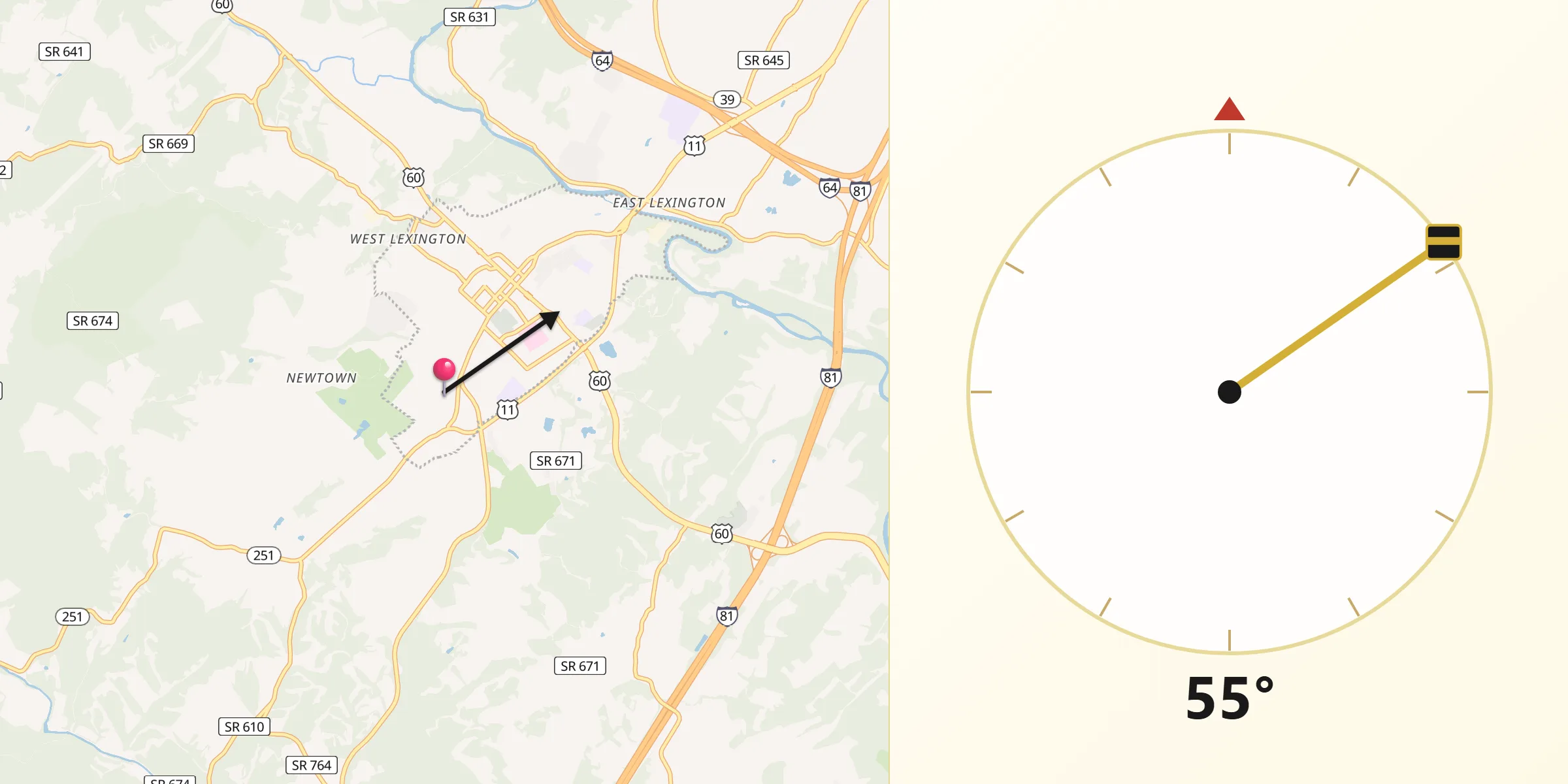 Qibla Direction from City of Lexington