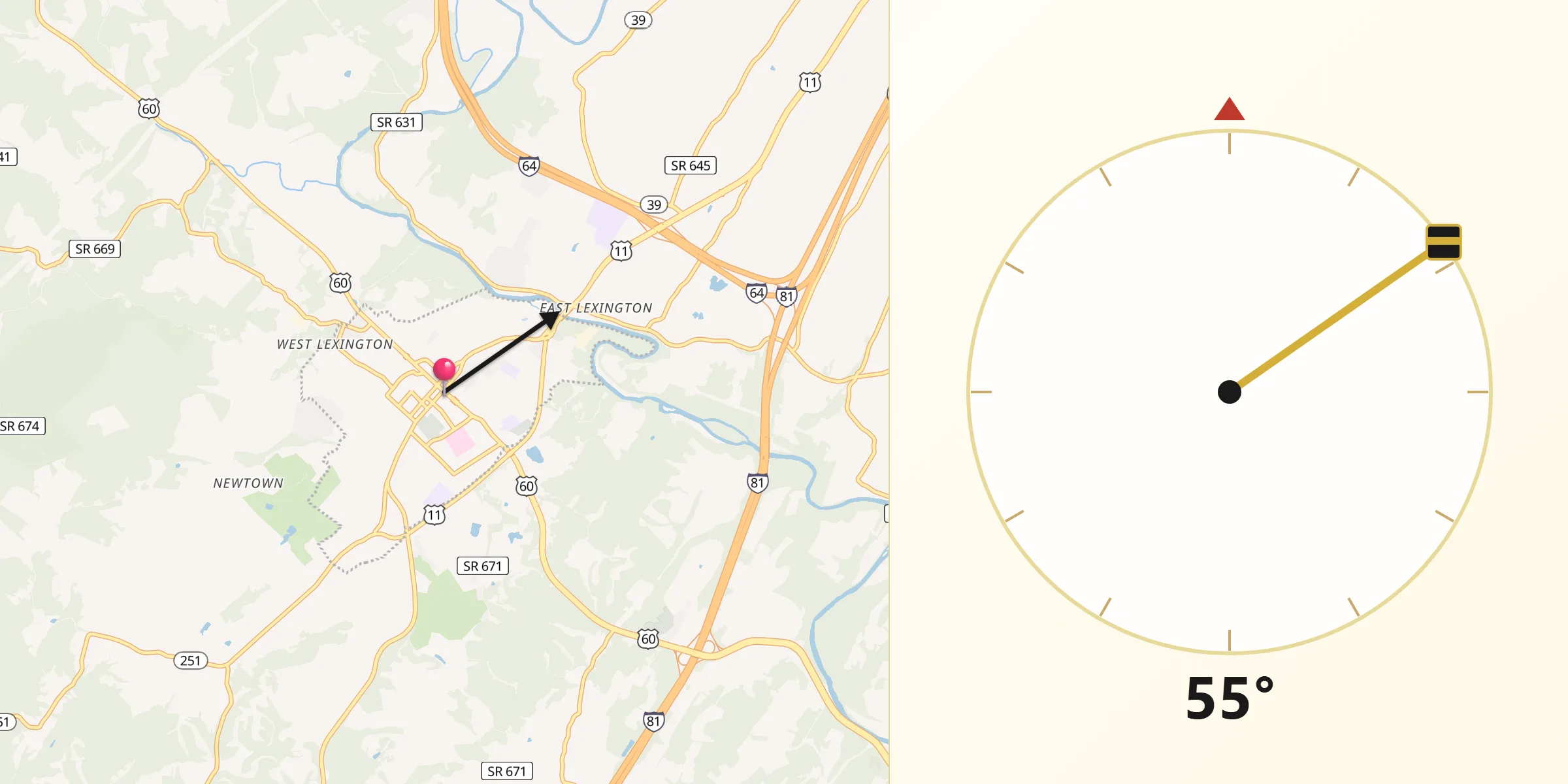 Direção da Qibla a partir de Lexington