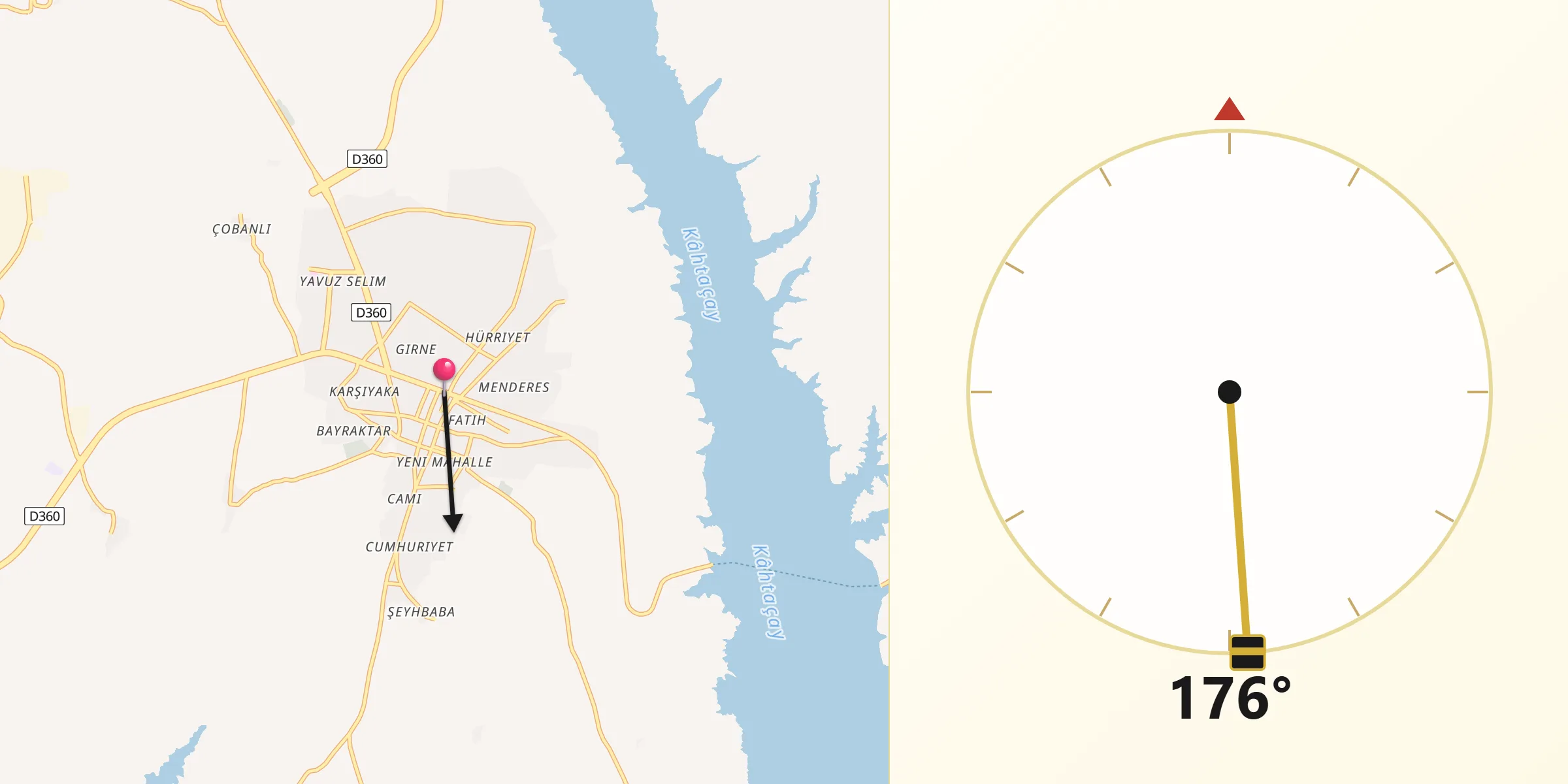 Direction vers la Qibla depuis Kahta