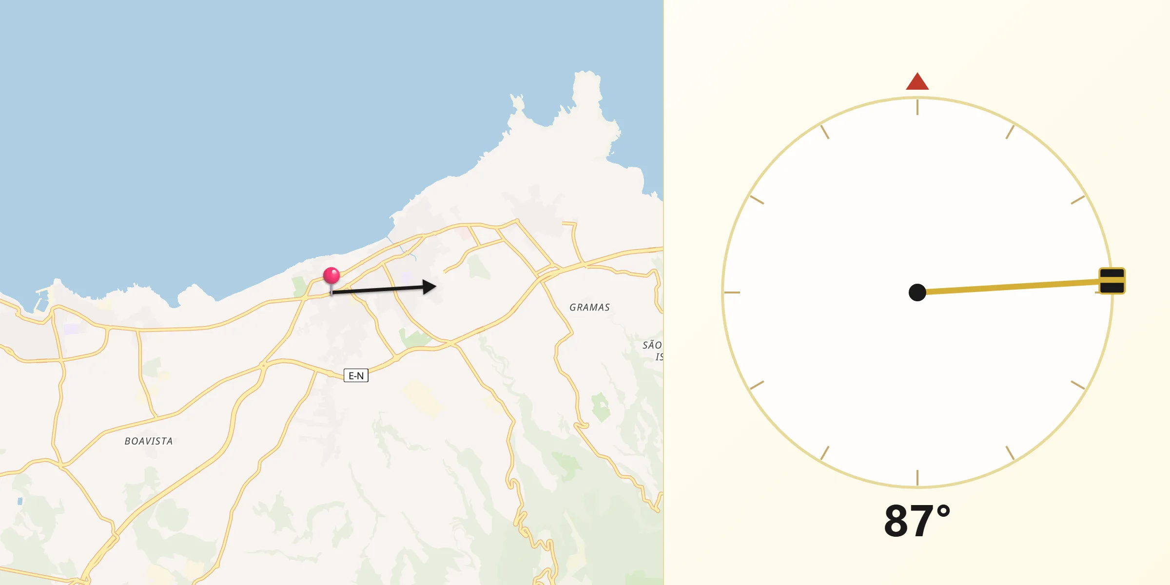 Direção da Qibla a partir de Ribeira Seca