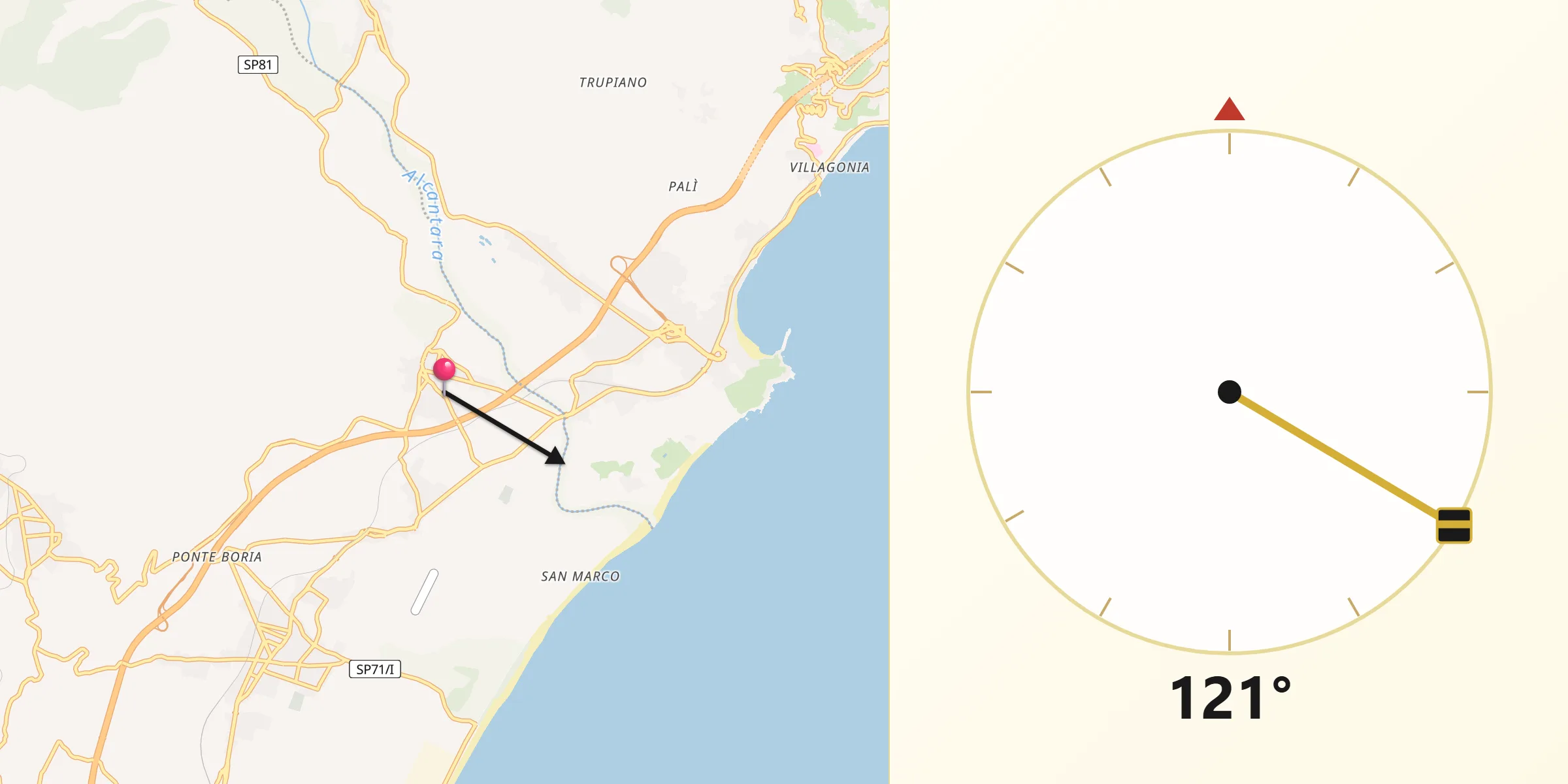 Direzione della Qibla da Calatabiano