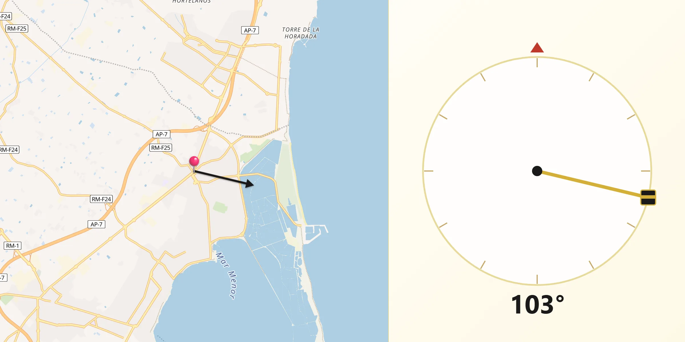 Dirección de la Qibla desde San Pedro del Pinatar