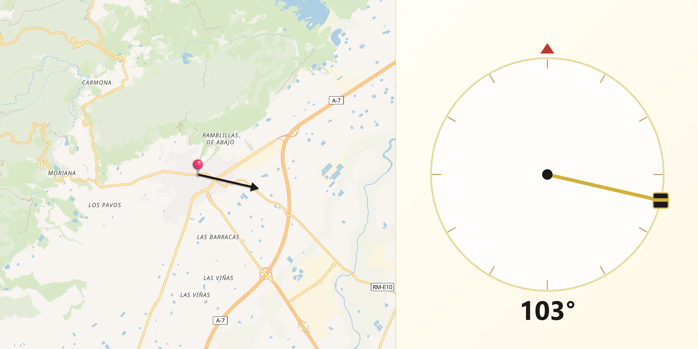 Dirección de la Qibla desde Alhama de Murcia