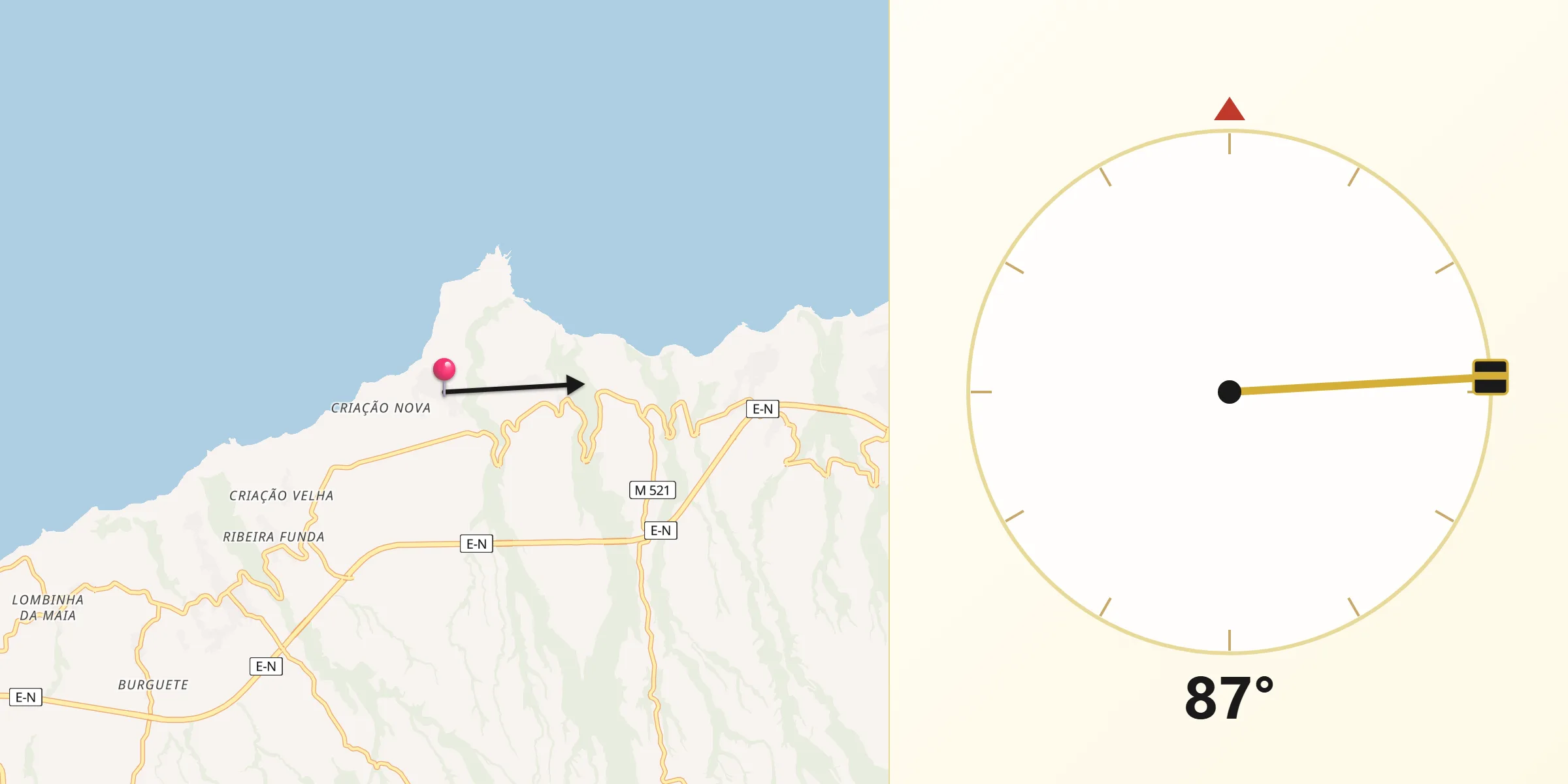Direção da Qibla a partir de Fenais da Ajuda