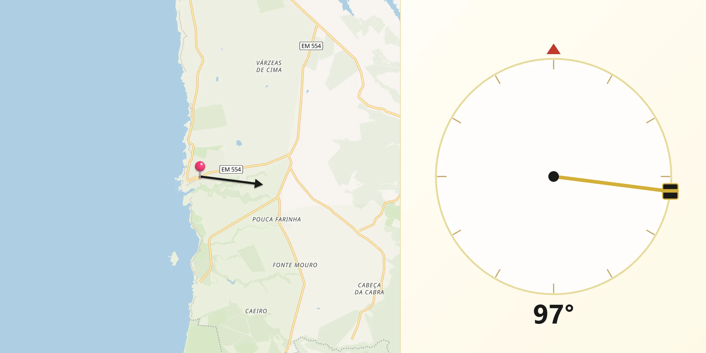Direção da Qibla a partir de Porto Covo