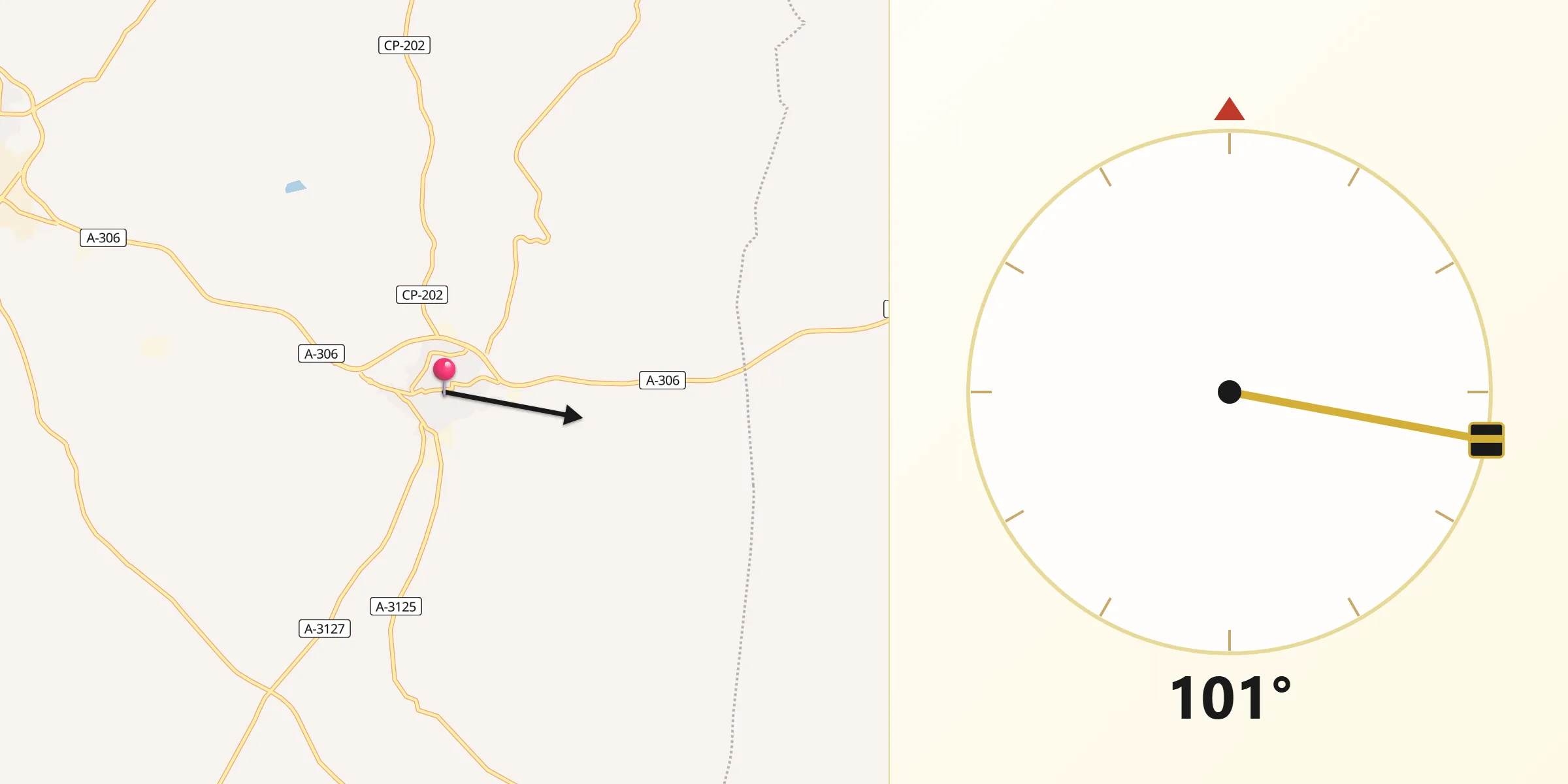 Dirección de la Qibla desde Cañete de las Torres
