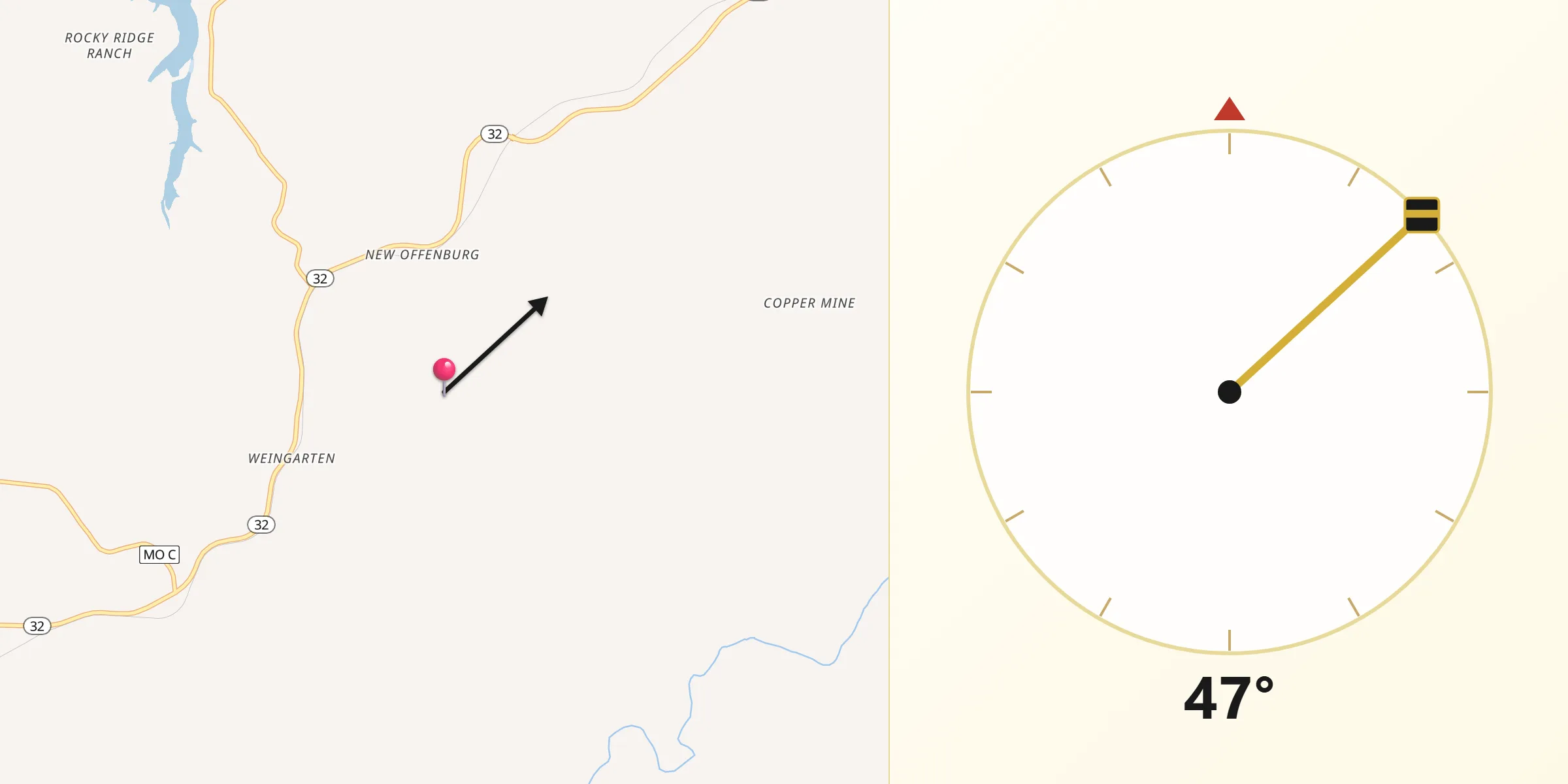 Qibla Direction from Sainte Genevieve County