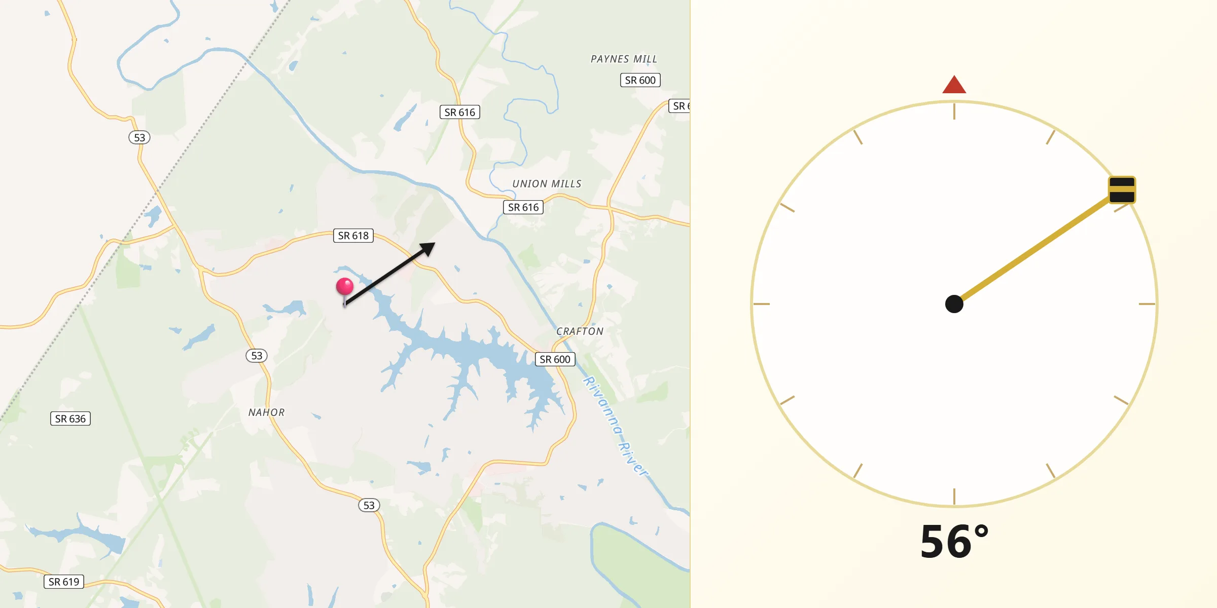 Qibla Direction from Lake Monticello