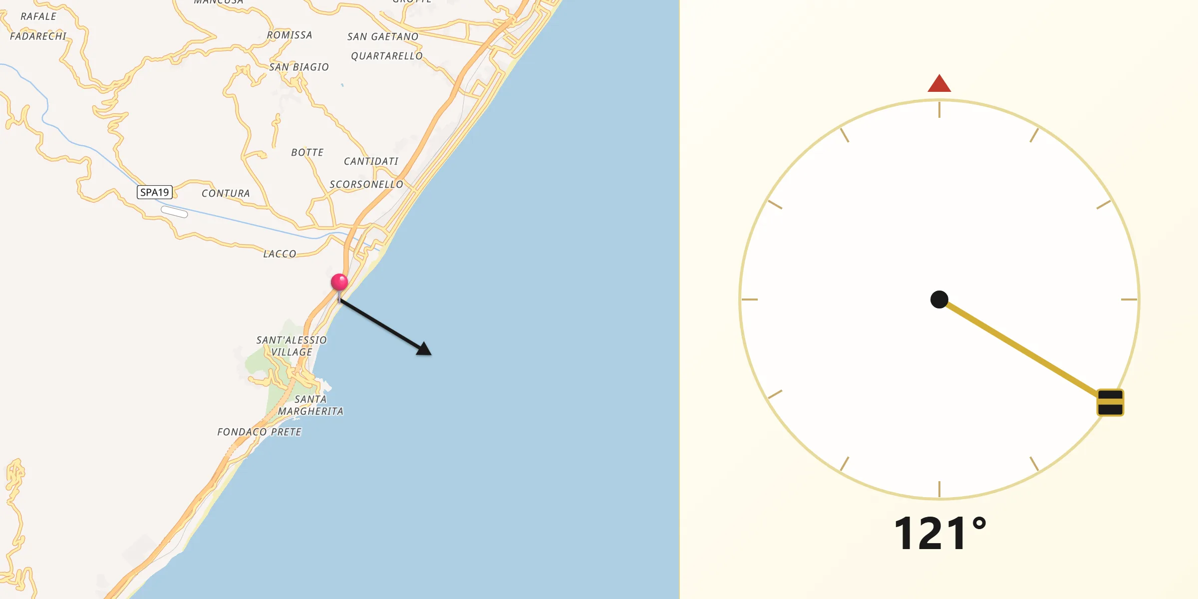 Direzione della Qibla da Sant'Alessio Siculo