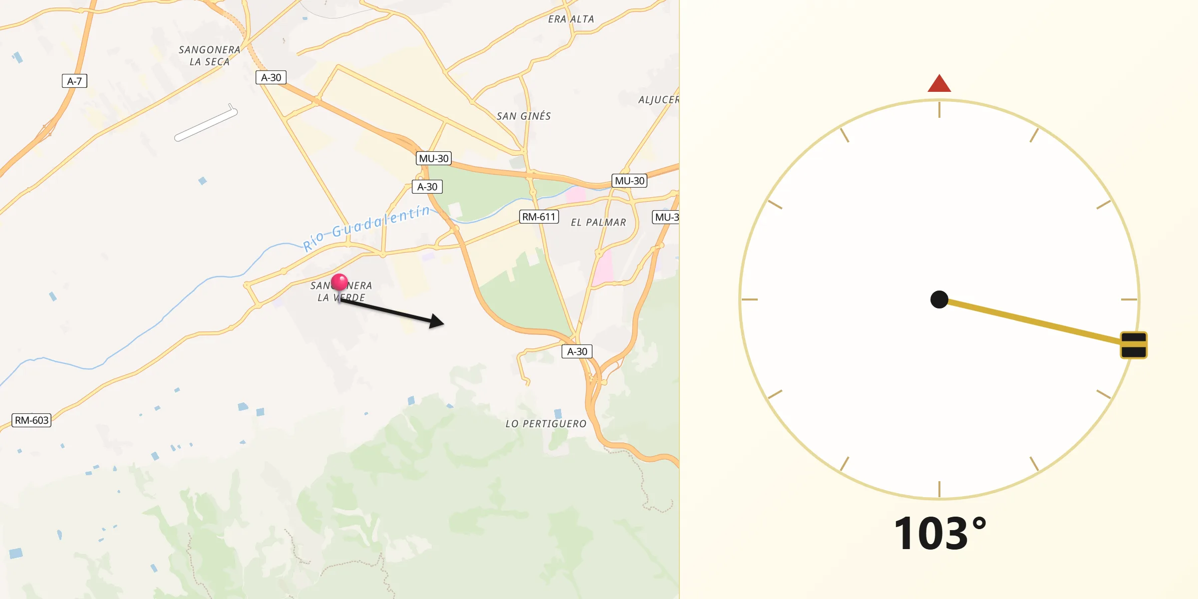 Dirección de la Qibla desde Sangonera la Verde