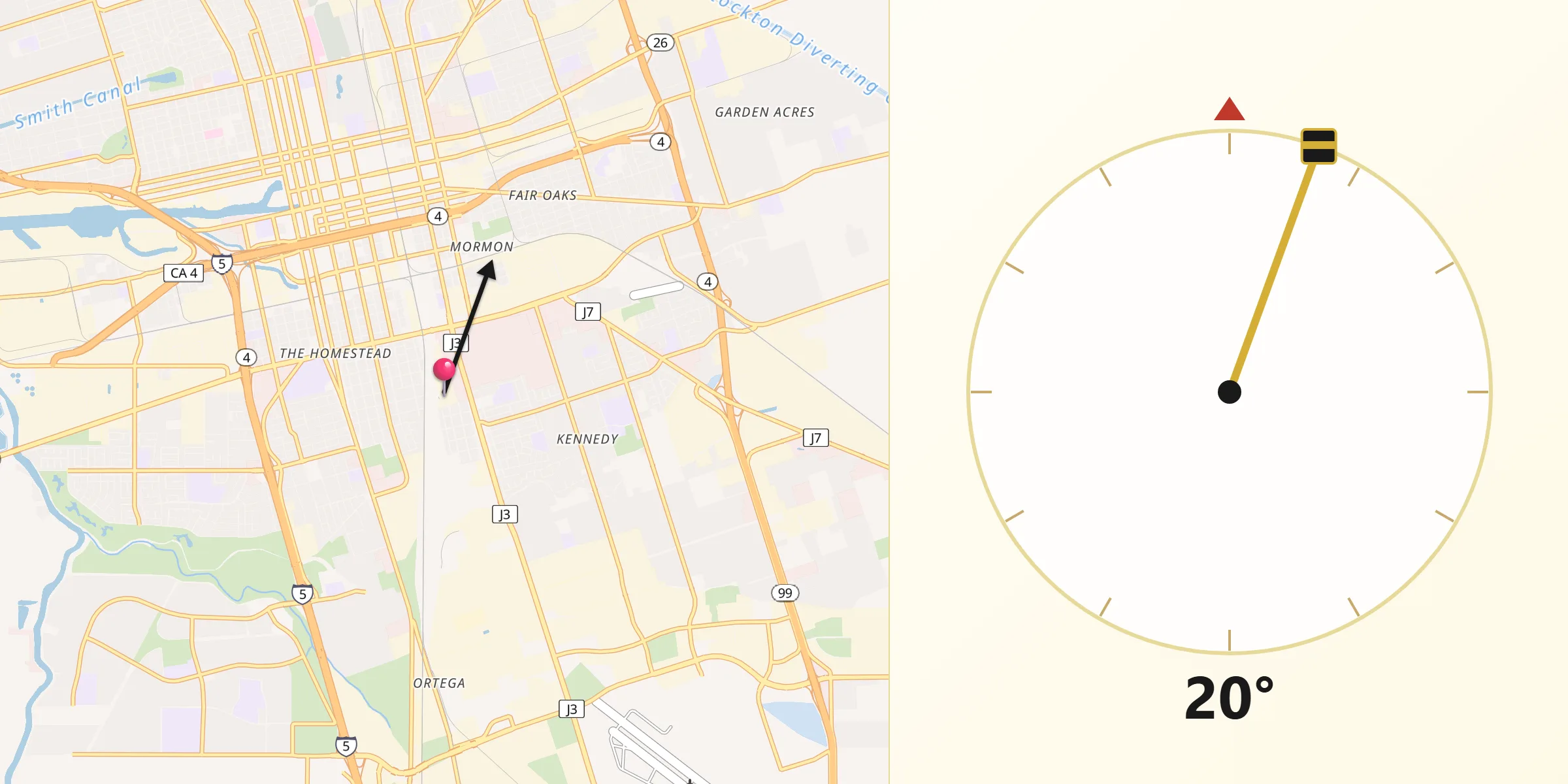 Qibla Direction from San Joaquin County