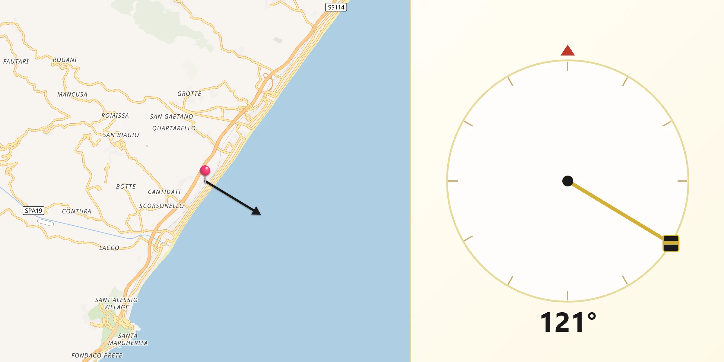Direzione della Qibla da Santa Teresa di Riva