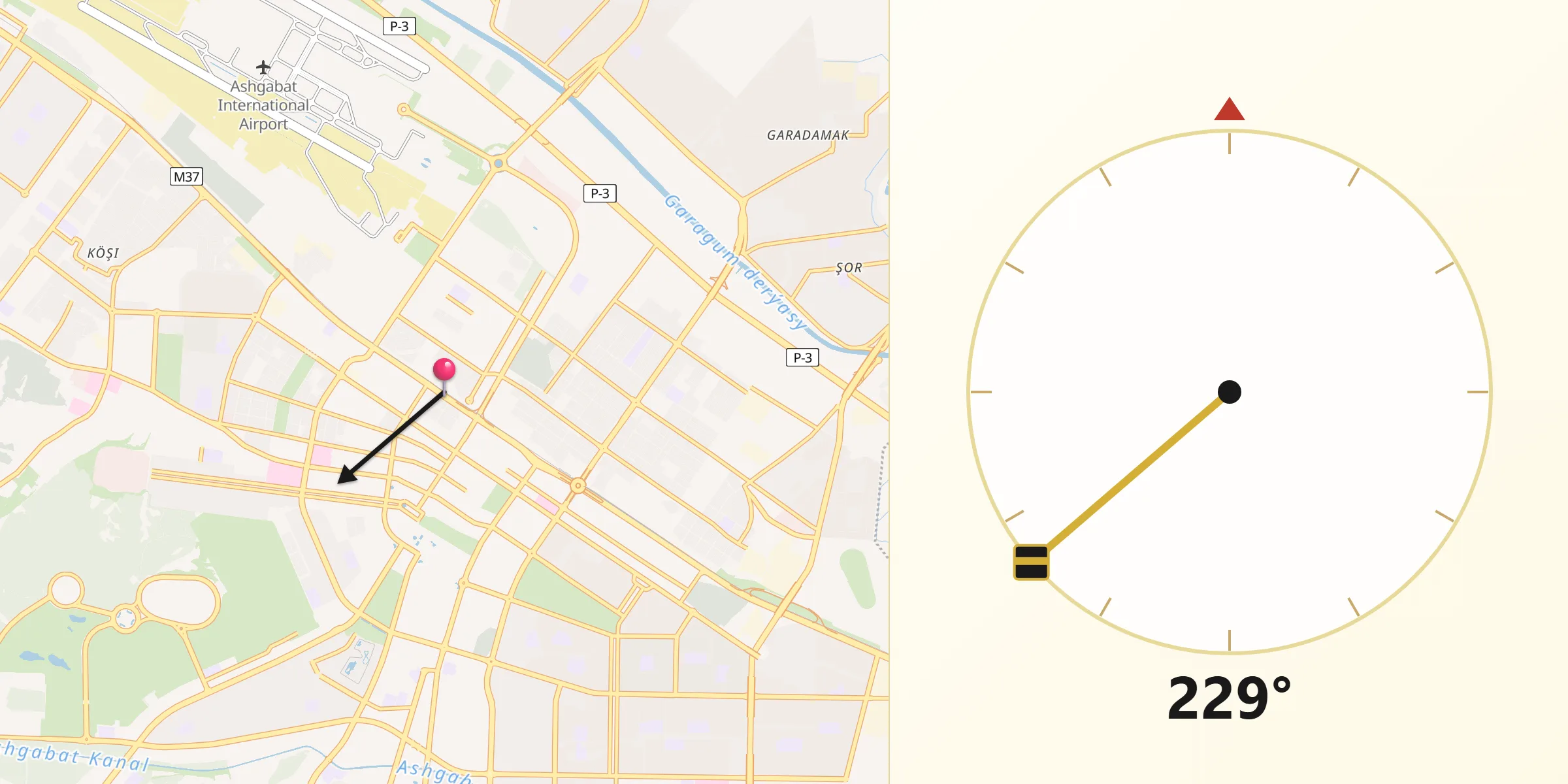 Direction vers la Qibla depuis Achgabat