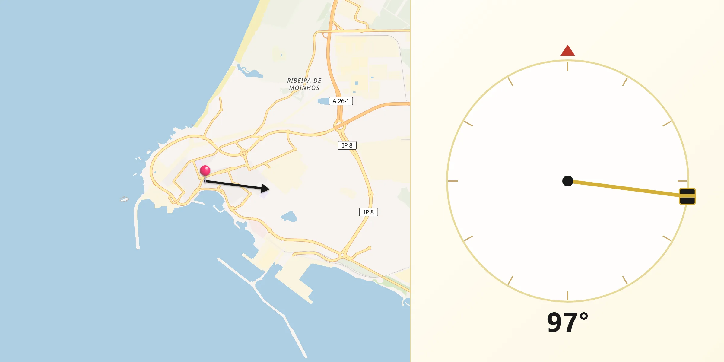 Direção da Qibla a partir de Sines