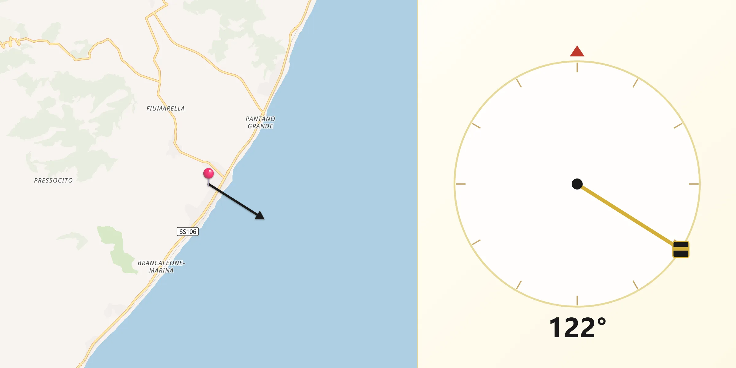 Direzione della Qibla da Brancaleone-Marina