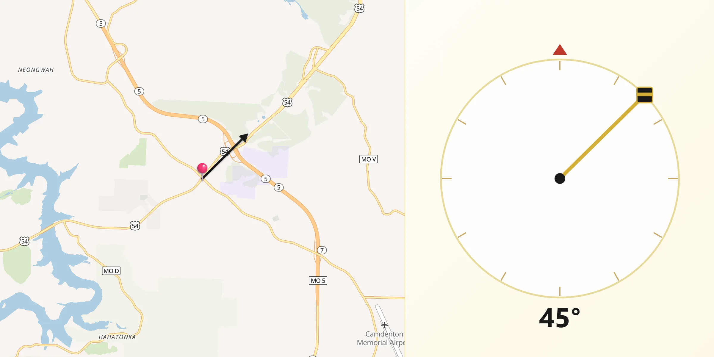 Qibla Direction from Camdenton