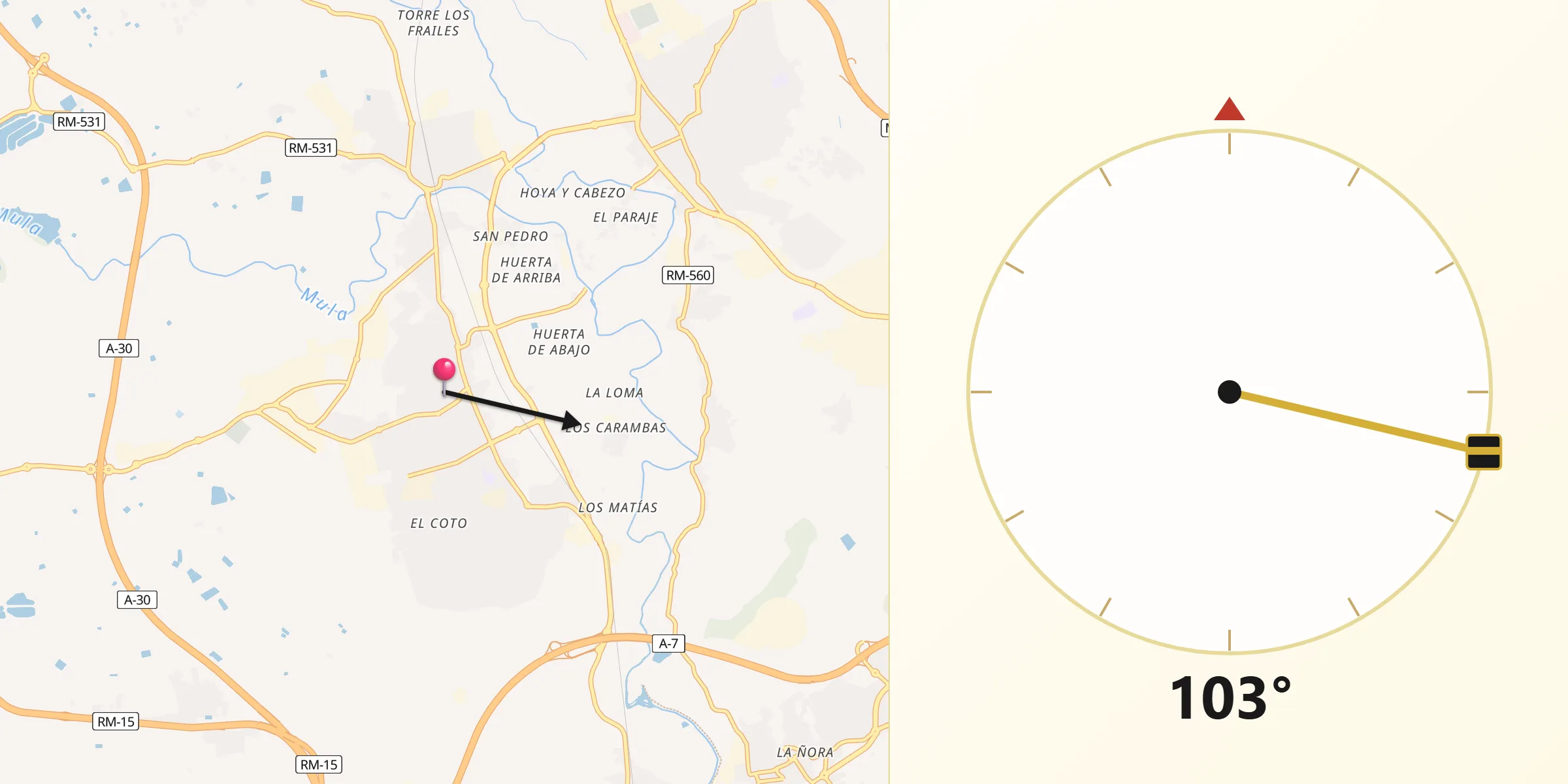 Dirección de la Qibla desde Las Torres de Cotillas