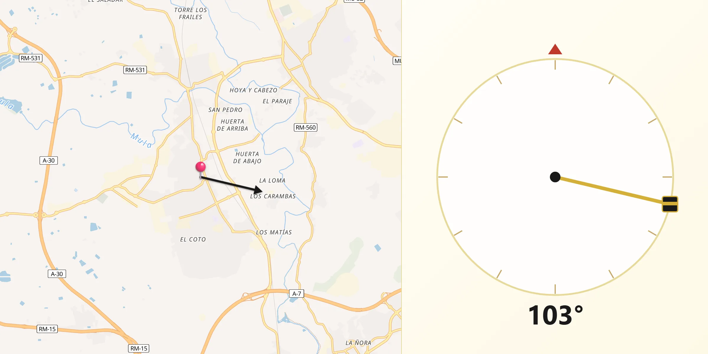 Dirección de la Qibla desde Las Torres de Cotillas