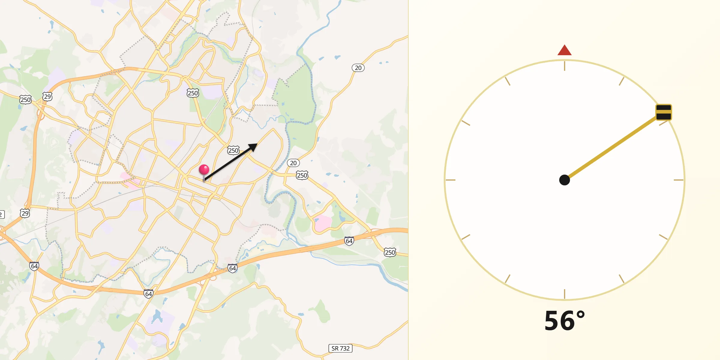 Qibla Direction from City of Charlottesville