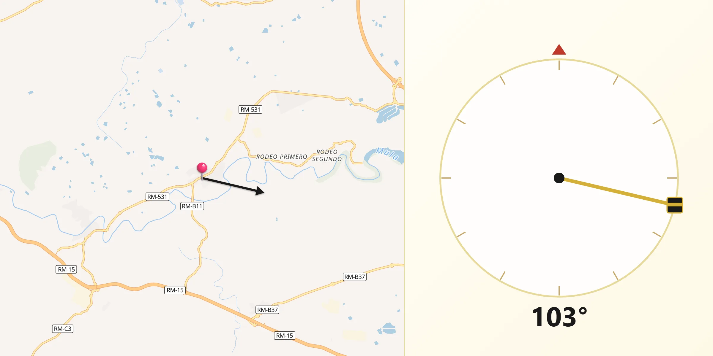 Dirección de la Qibla desde Campos del Río