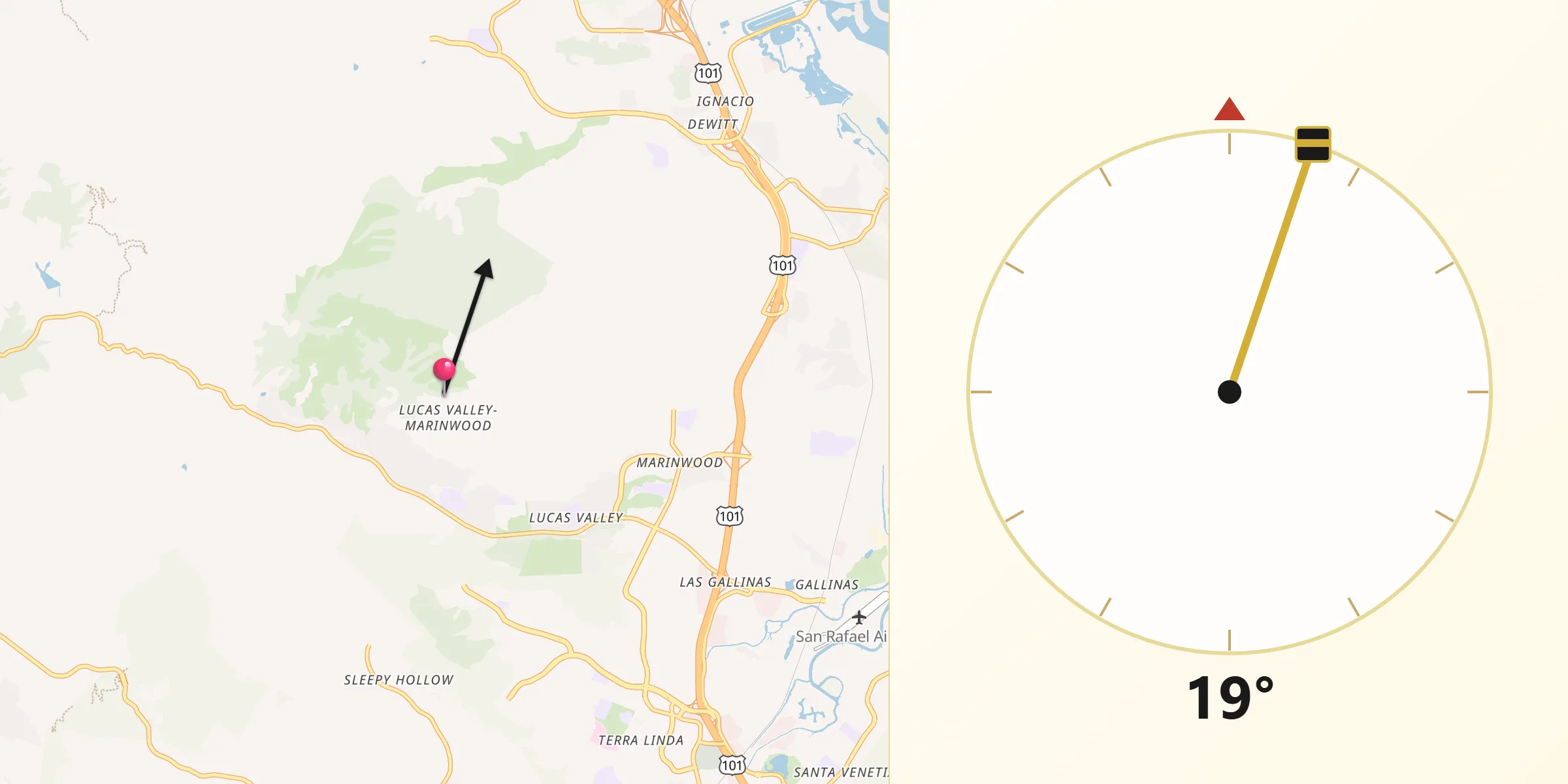 Qibla Direction from Lucas Valley-Marinwood
